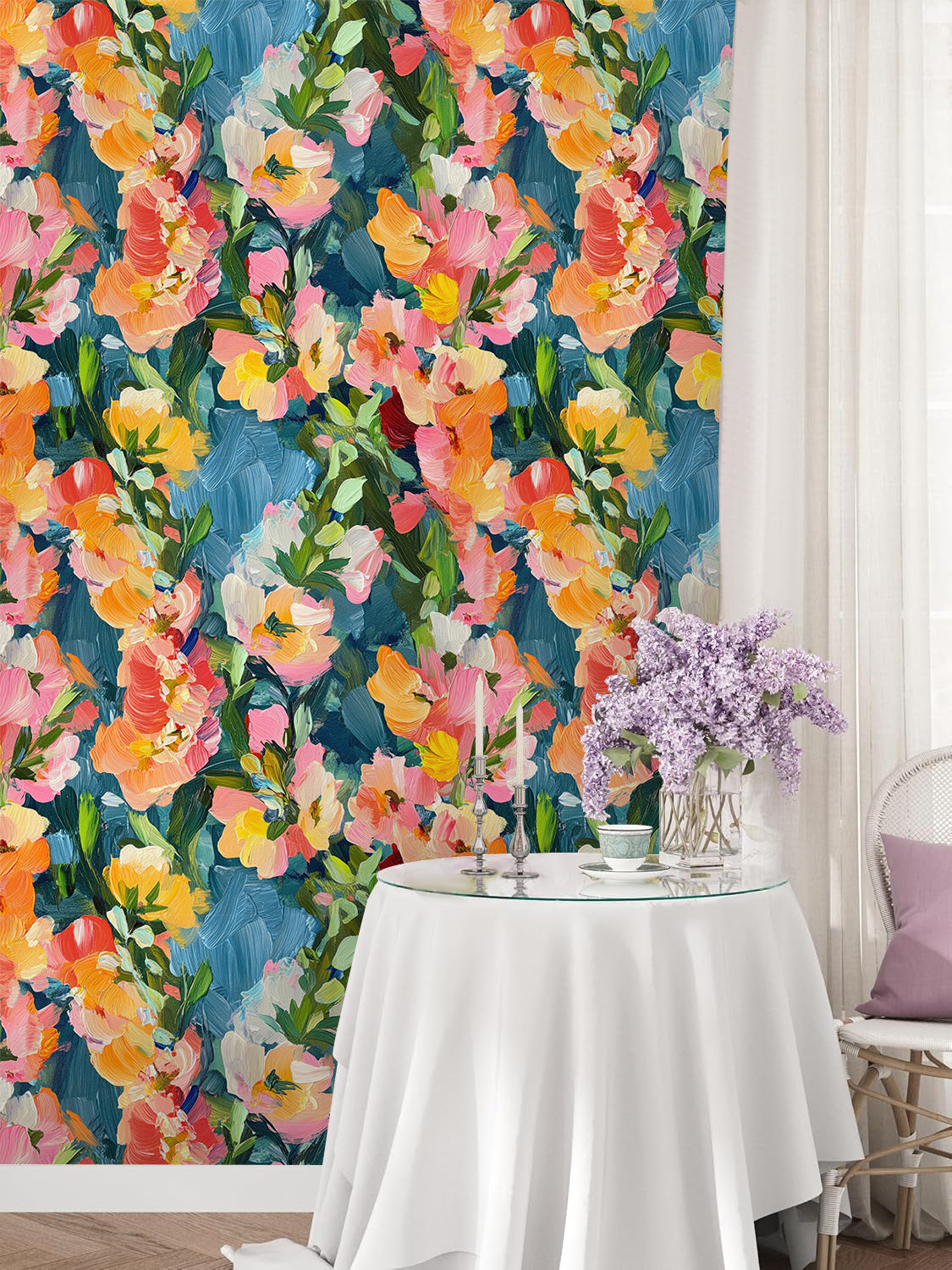 HaokHome Vibrant Abstract Floral Wallpaper Bold Brushstroke Flowers in Pink, Orange, and Yellow on Blue Background