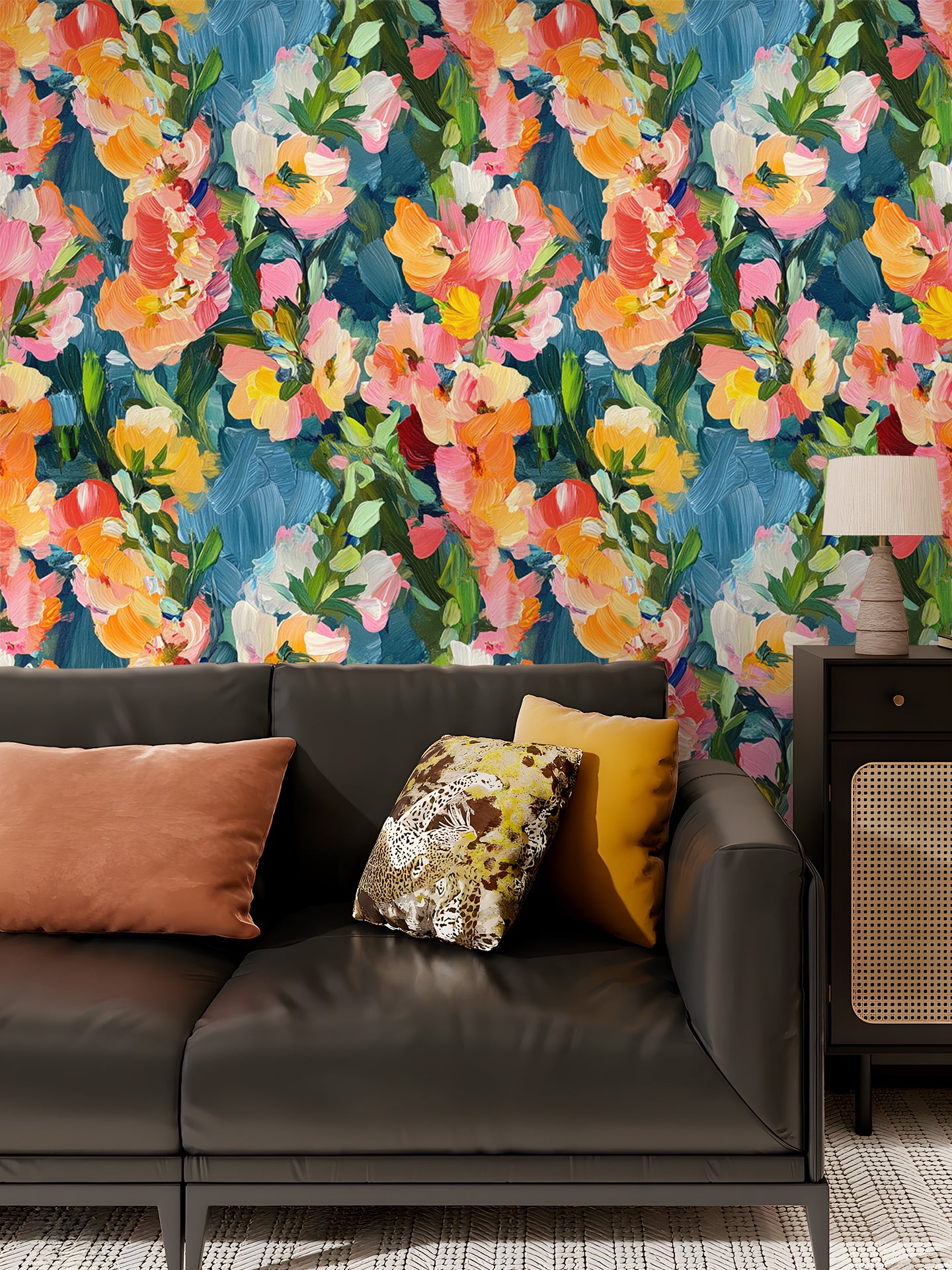 HaokHome Vibrant Abstract Floral Wallpaper Bold Brushstroke Flowers in Pink, Orange, and Yellow on Blue Background