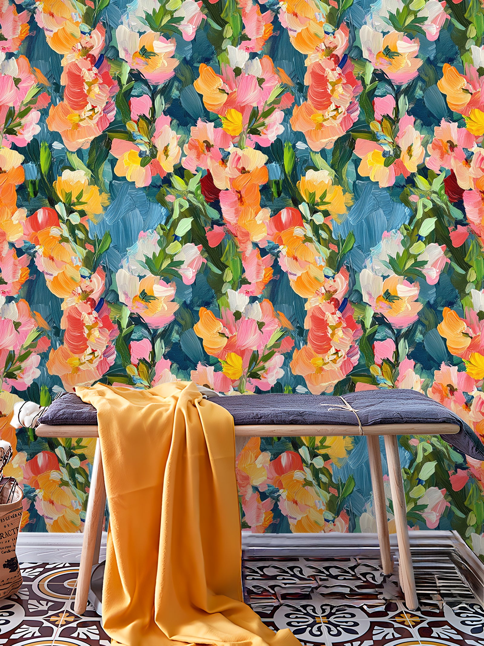 HaokHome Vibrant Abstract Floral Wallpaper Bold Brushstroke Flowers in Pink, Orange, and Yellow on Blue Background