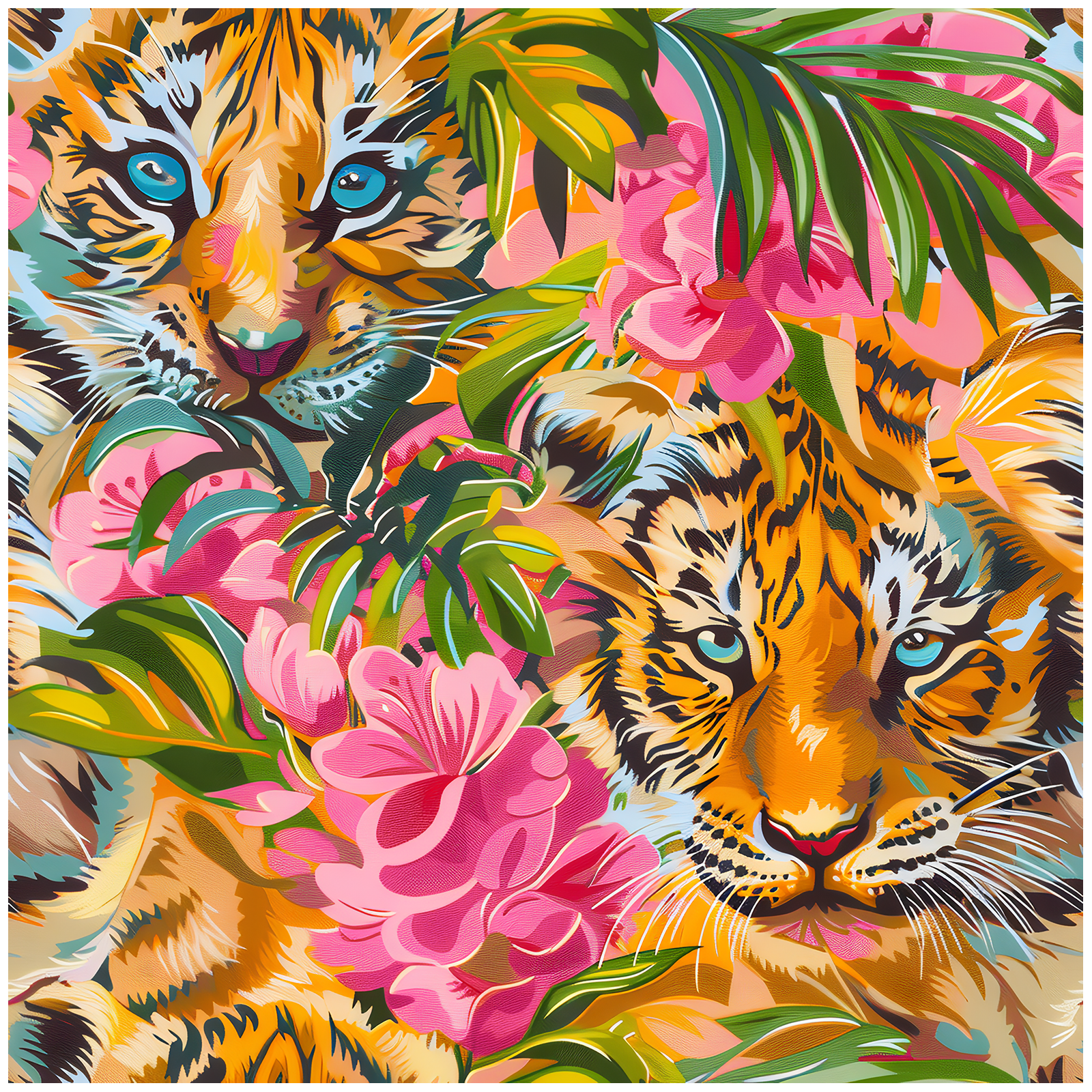 HaokHome Vibrant Tiger and Tropical Flower Wallpaper Bold, Colorful Design with Pink Florals and Lush Leaves