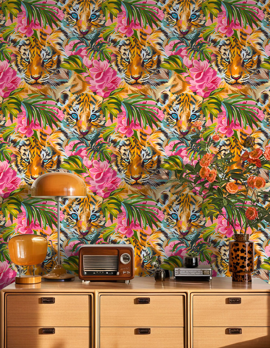 HaokHome Vibrant Tiger and Tropical Flower Wallpaper Bold, Colorful Design with Pink Florals and Lush Leaves