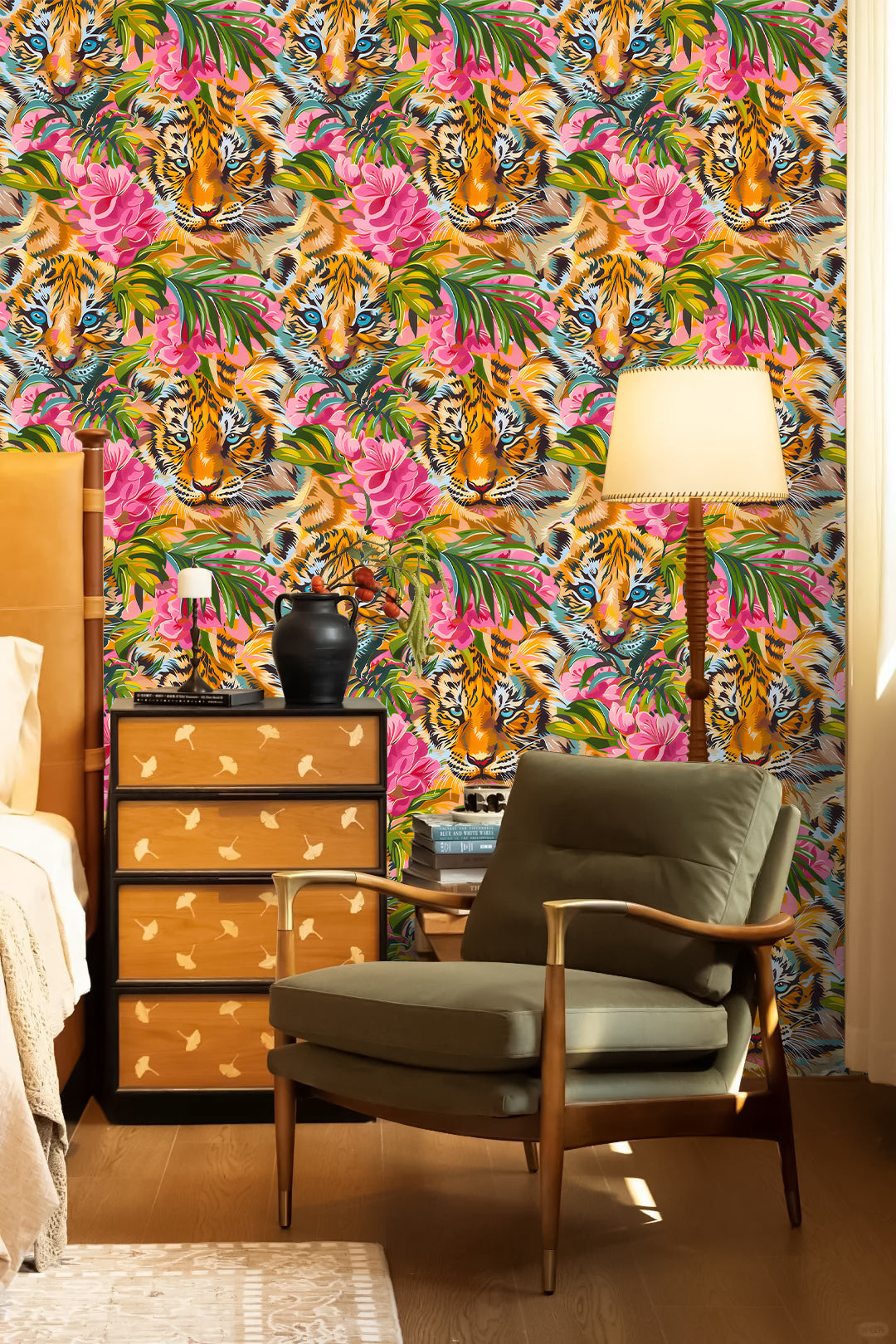 HaokHome Vibrant Tiger and Tropical Flower Wallpaper Bold, Colorful Design with Pink Florals and Lush Leaves