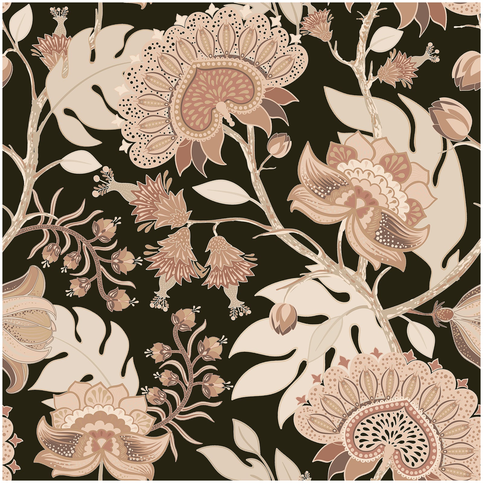 HaokHome Vintage Exotic Floral Peel and Stick Wallpaper – Neutral Beige Flowers on Dark Black Background