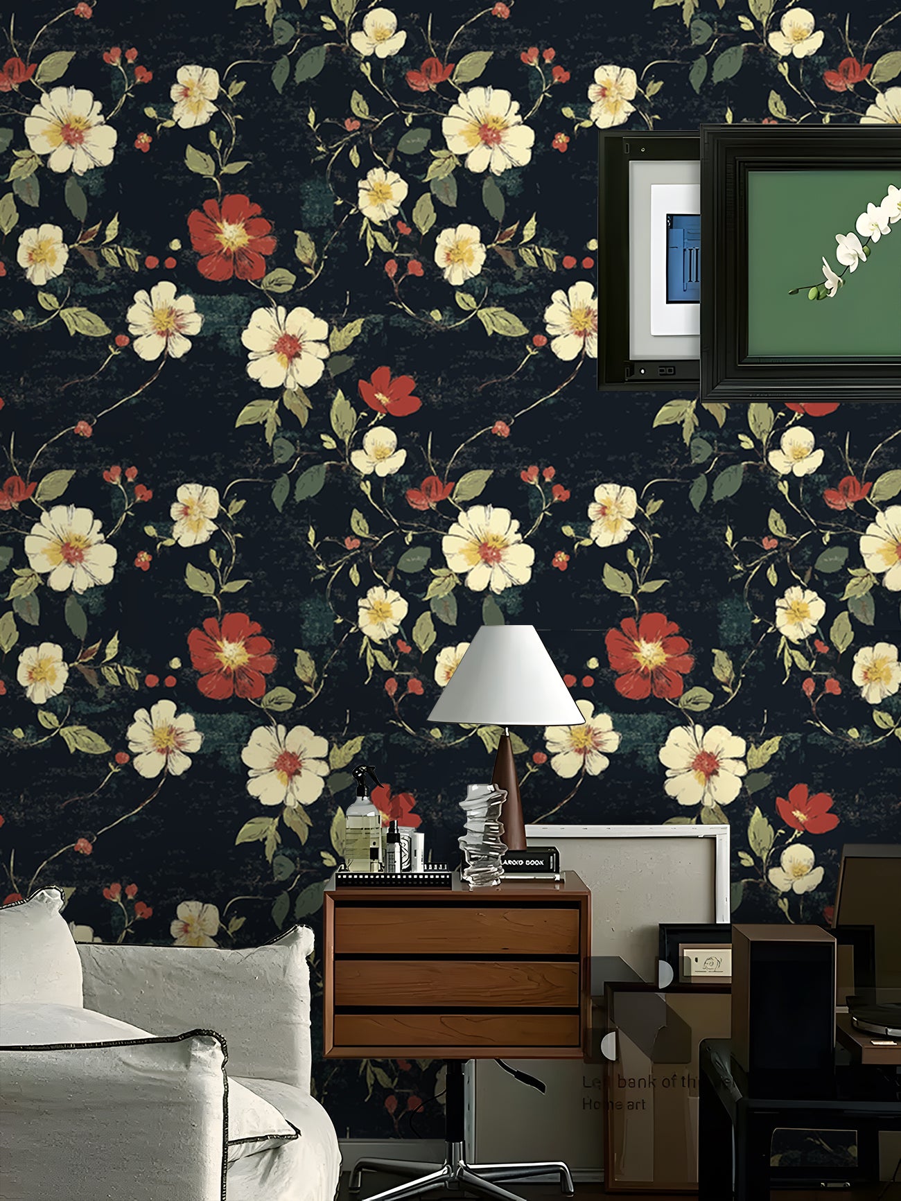 HaokHome Vintage Floral Wallpaper – Elegant Dark Floral Design with White and Red Blooms