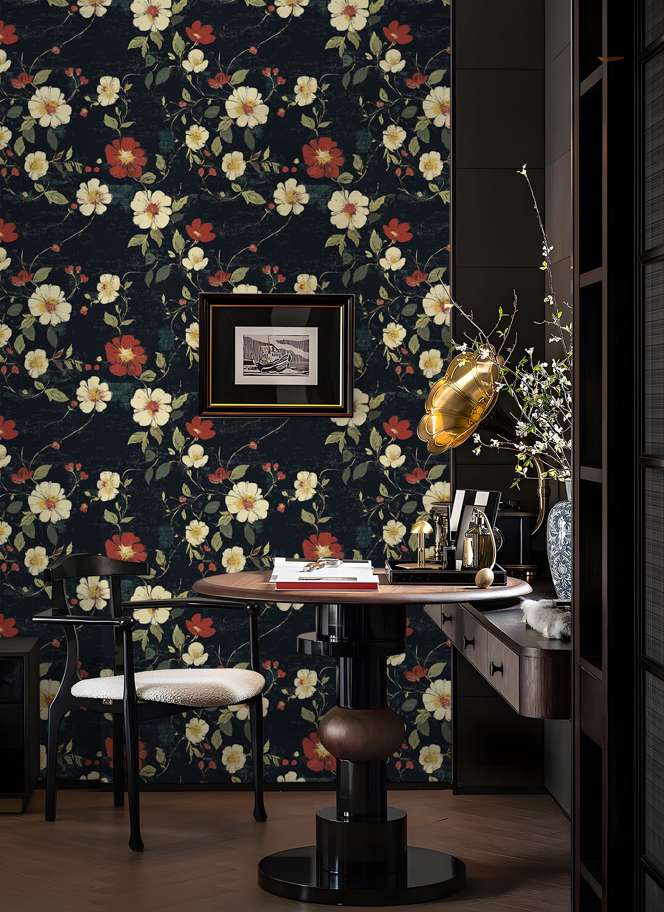 HaokHome Vintage Floral Wallpaper – Elegant Dark Floral Design with White and Red Blooms