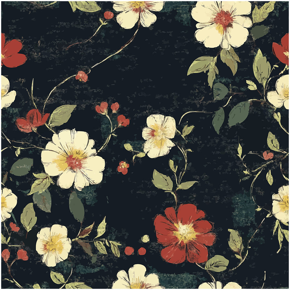 HaokHome Vintage Floral Wallpaper – Elegant Dark Floral Design with White and Red Blooms