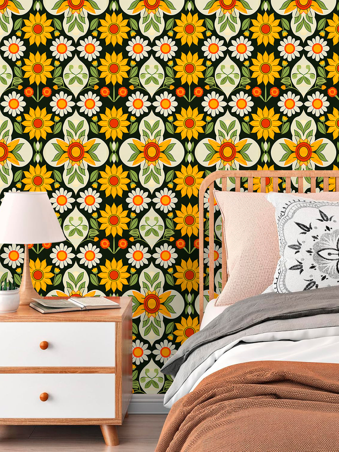HaokHome Vintage Sunflower & Daisy Wallpaper Bright and Cheerful Floral Pattern