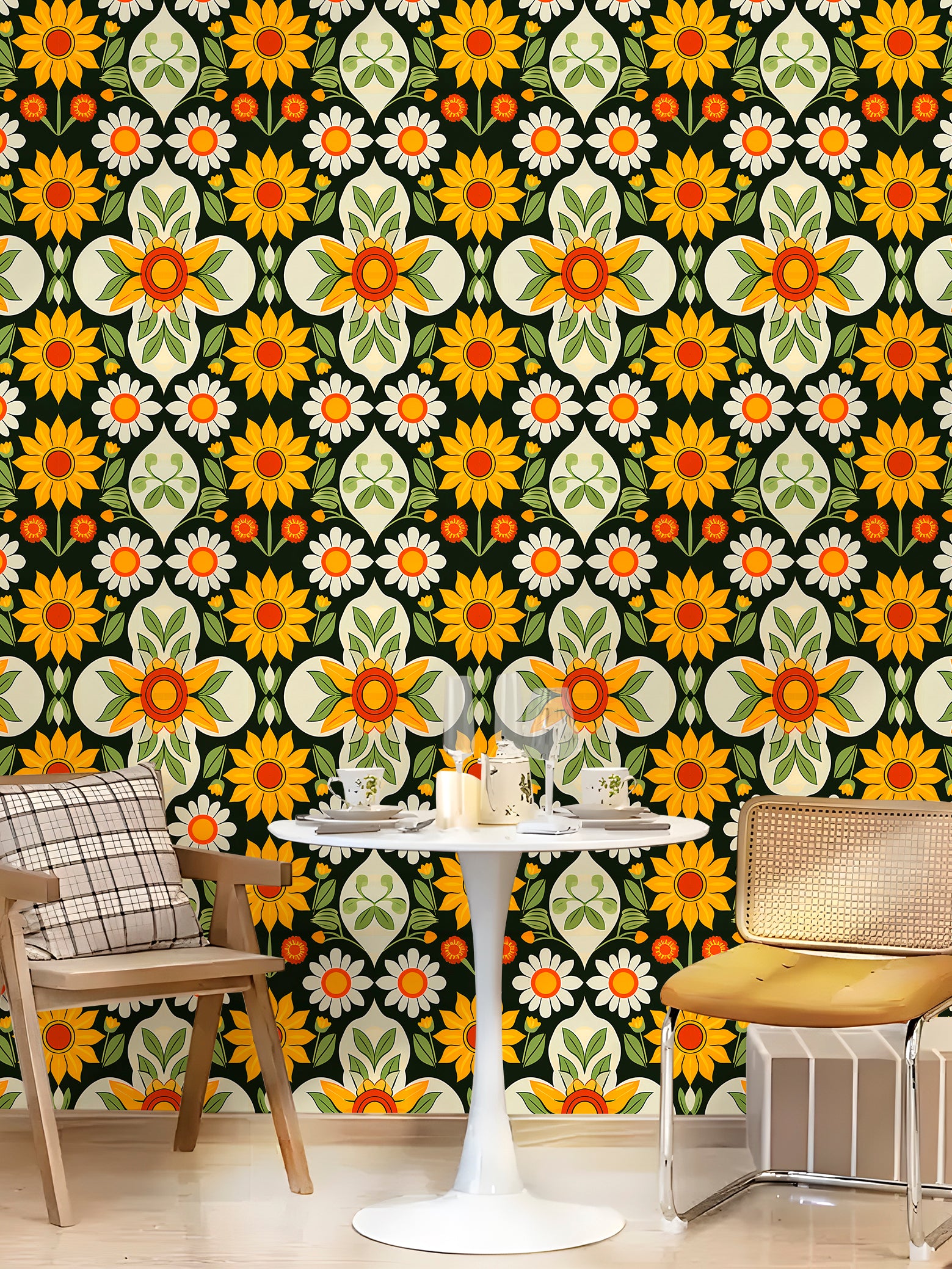 HaokHome Vintage Sunflower & Daisy Wallpaper Bright and Cheerful Floral Pattern