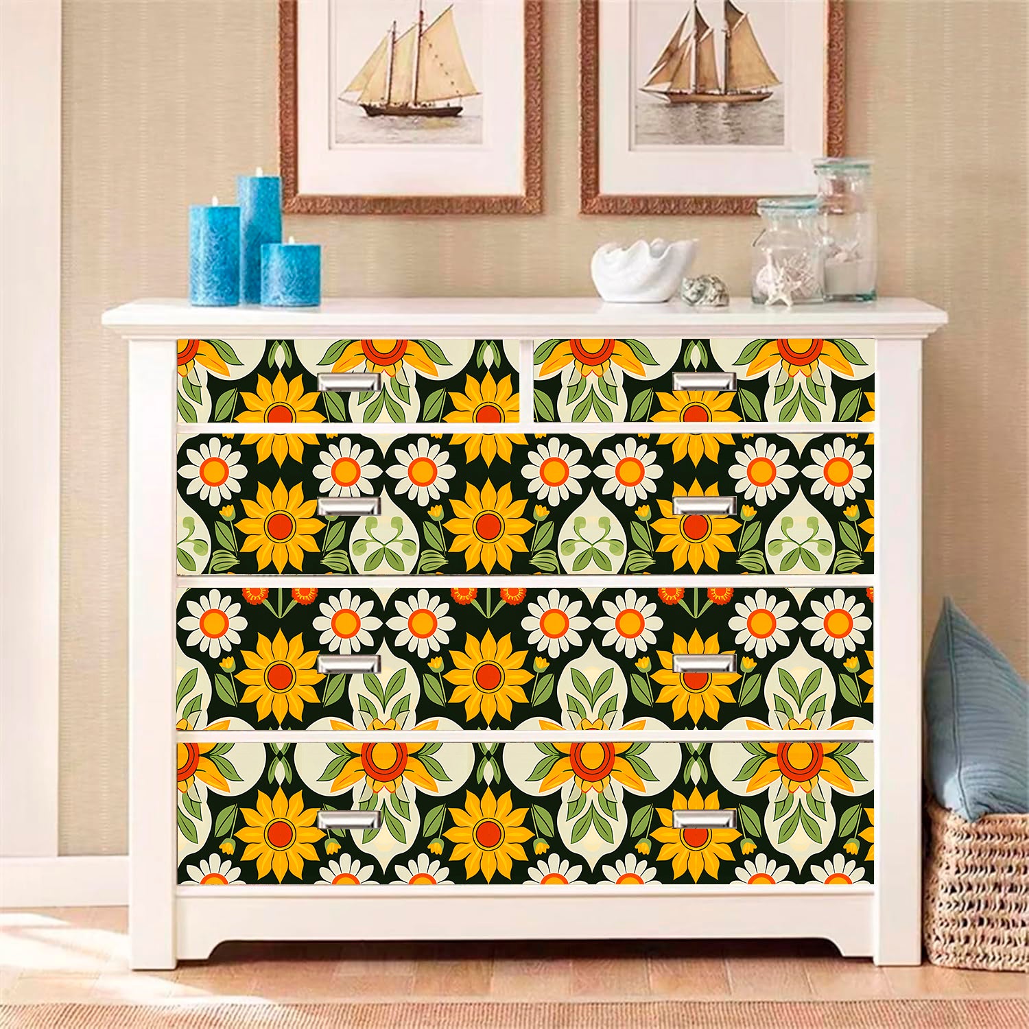 HaokHome Vintage Sunflower & Daisy Wallpaper Bright and Cheerful Floral Pattern