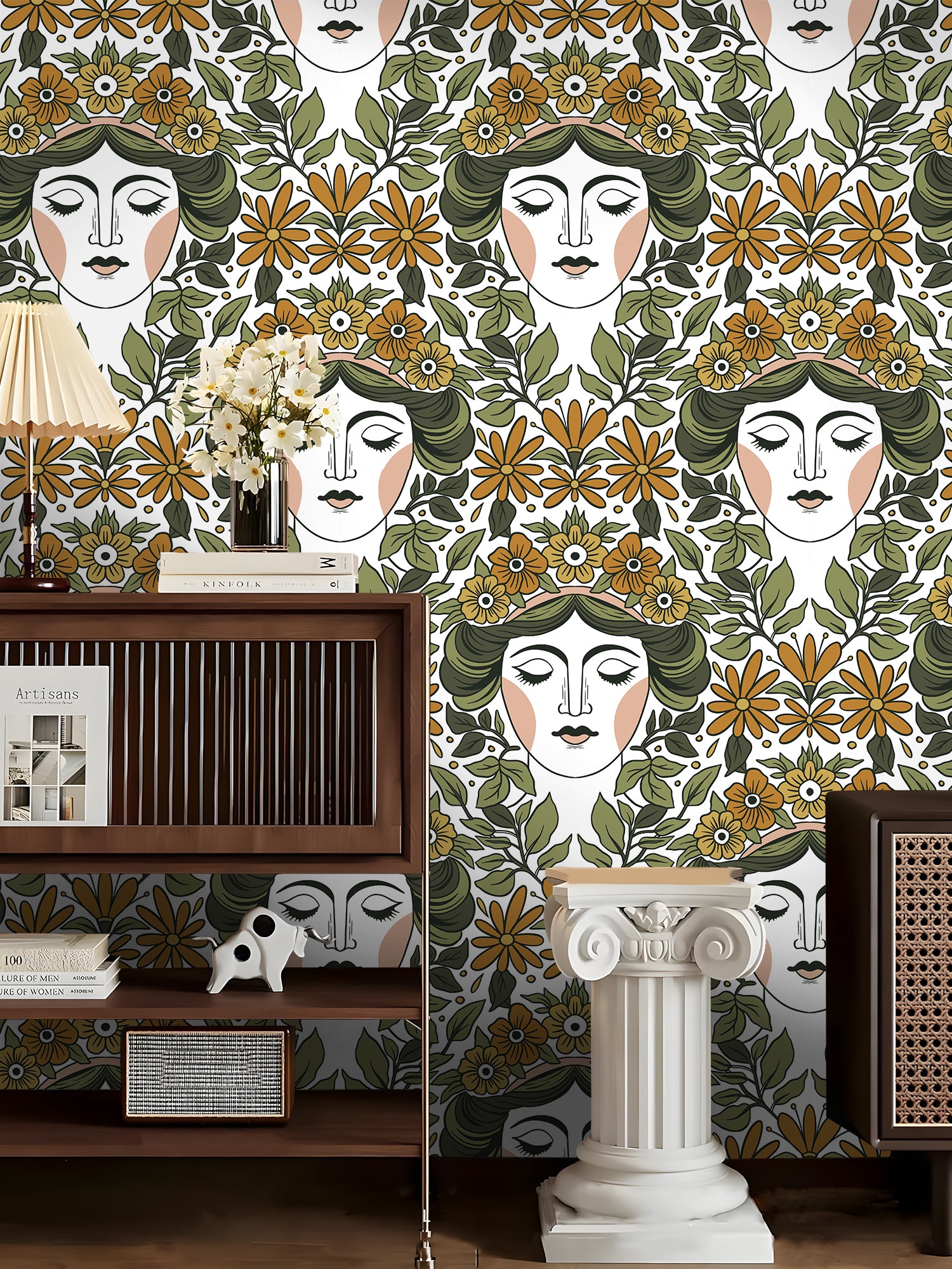 HaokHome Wallpaper Peel and Stick Art Nouveau Floral Goddess Green Mustard Retro Wall Decor Bedroom Living Room Bathroom Removable Mural