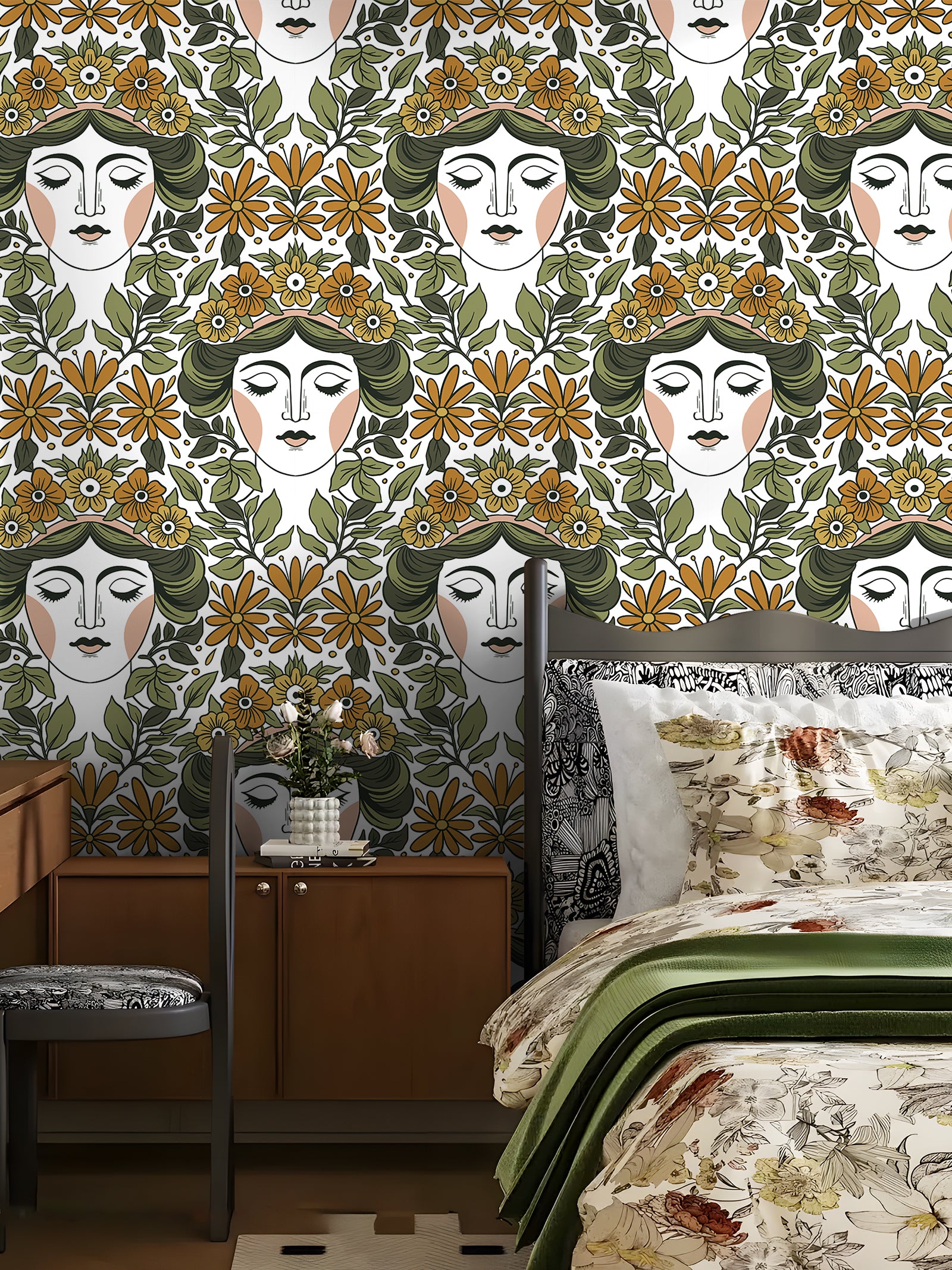 HaokHome Wallpaper Peel and Stick Art Nouveau Floral Goddess Green Mustard Retro Wall Decor Bedroom Living Room Bathroom Removable Mural