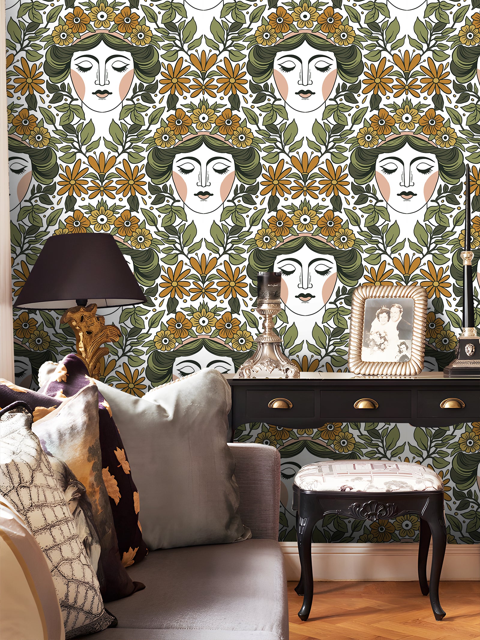 HaokHome Wallpaper Peel and Stick Art Nouveau Floral Goddess Green Mustard Retro Wall Decor Bedroom Living Room Bathroom Removable Mural