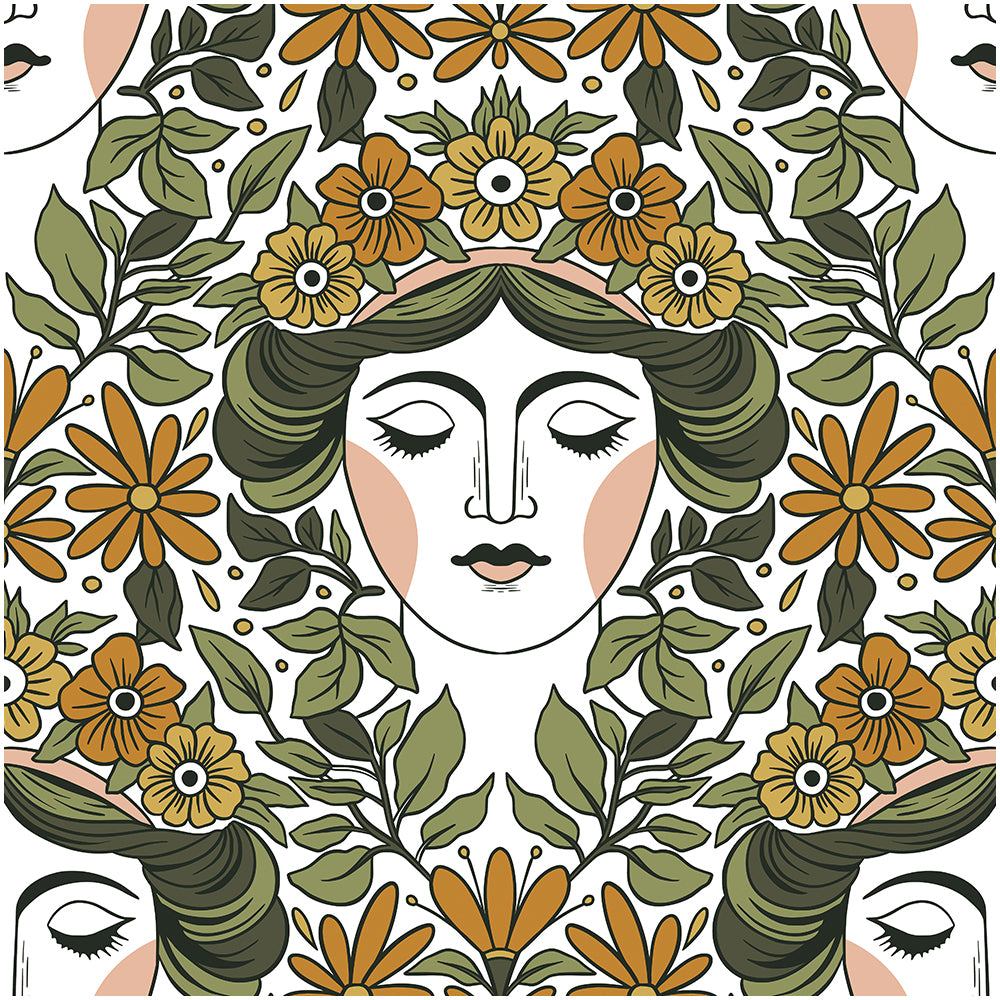 HaokHome Wallpaper Peel and Stick Art Nouveau Floral Goddess Green Mustard Retro Wall Decor Bedroom Living Room Bathroom Removable Mural