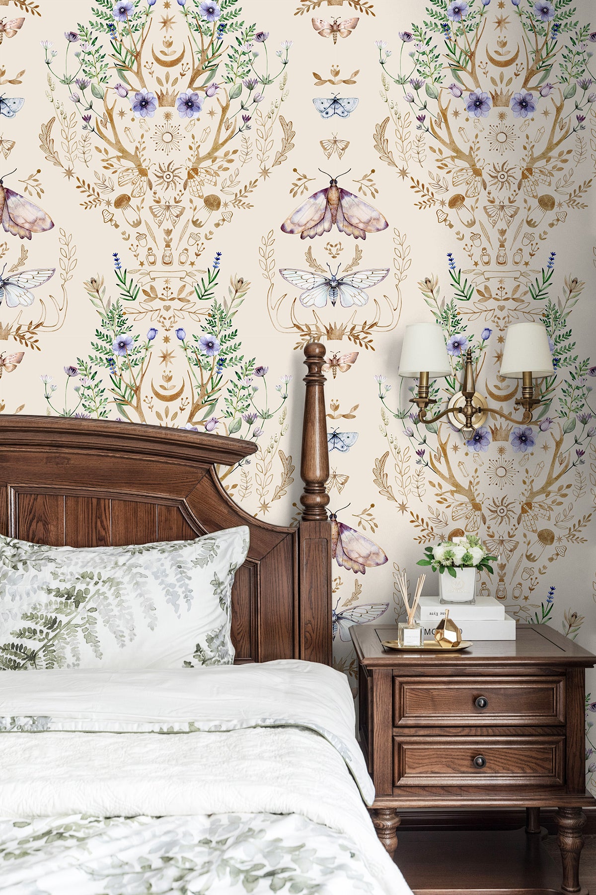 HaokHome Wallpaper Peel and Stick Boho Deer Antler Floral Moth Beige/Gold Wall Decor Removable Mural for Bedroom & Living Room