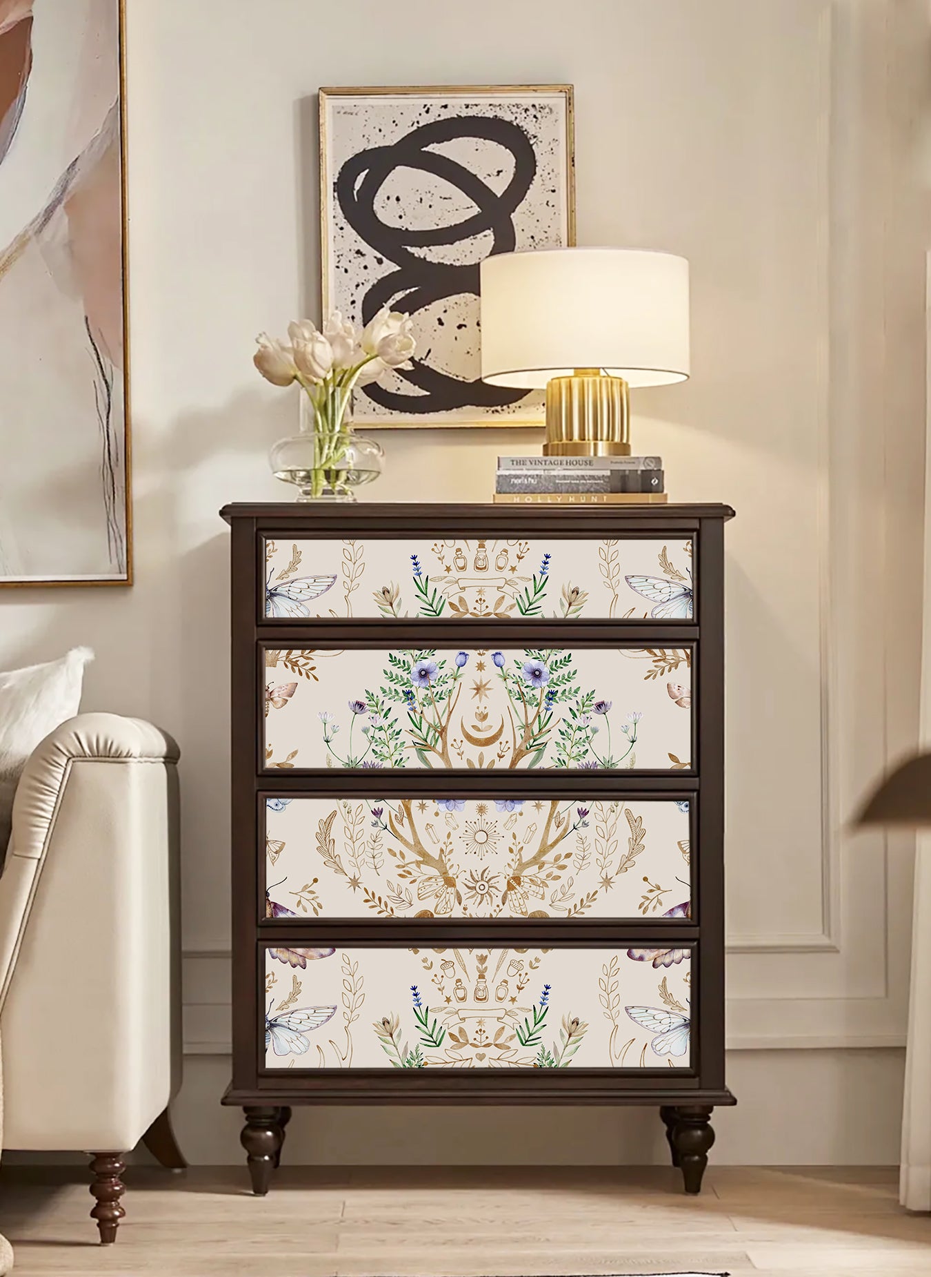 HaokHome Wallpaper Peel and Stick Boho Deer Antler Floral Moth Beige/Gold Wall Decor Removable Mural for Bedroom & Living Room