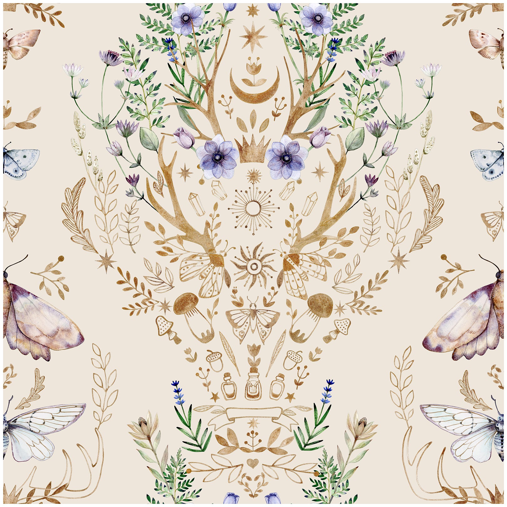 HaokHome Wallpaper Peel and Stick Boho Deer Antler Floral Moth Beige/Gold Wall Decor Removable Mural for Bedroom & Living Room