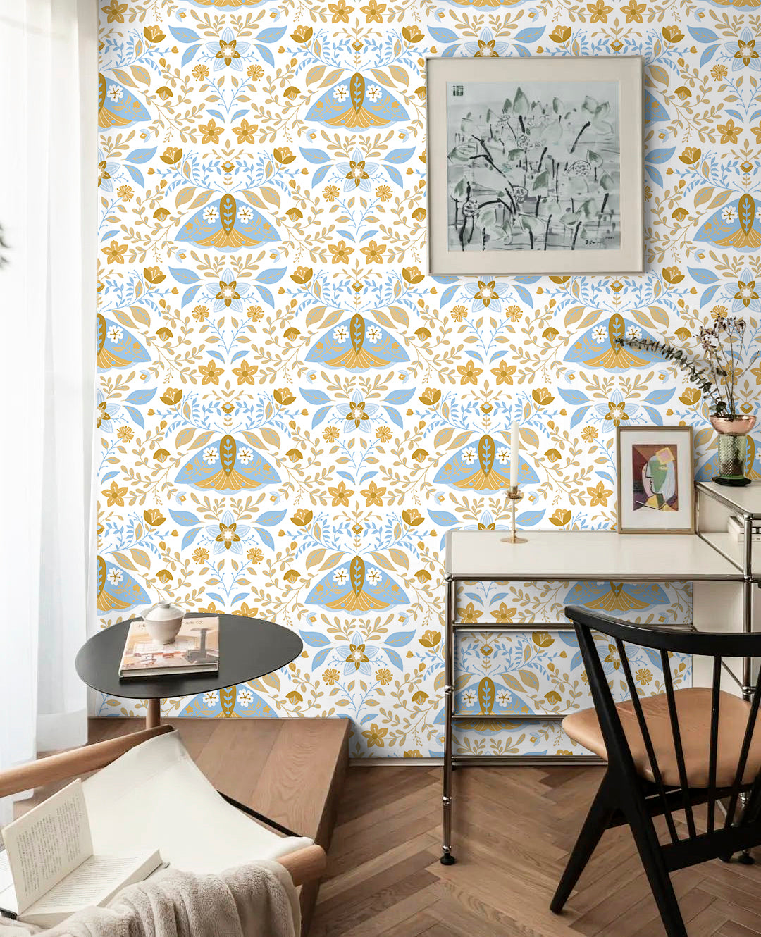 HaokHome Wallpaper Peel and Stick Boho Moth and Floral Blue/Gold Wall Decor Removable Mural for Bedroom & Living Room
