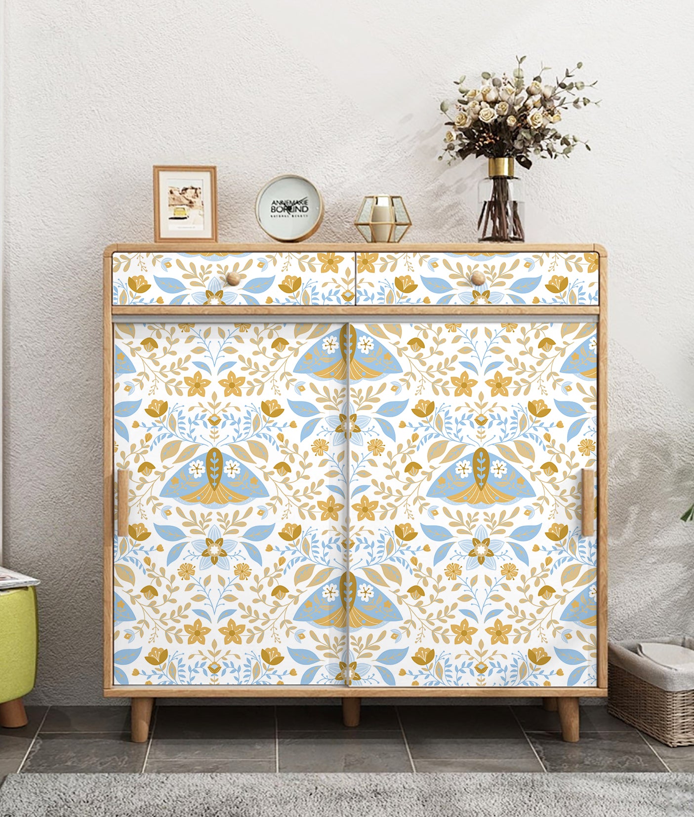 HaokHome Wallpaper Peel and Stick Boho Moth and Floral Blue/Gold Wall Decor Removable Mural for Bedroom & Living Room