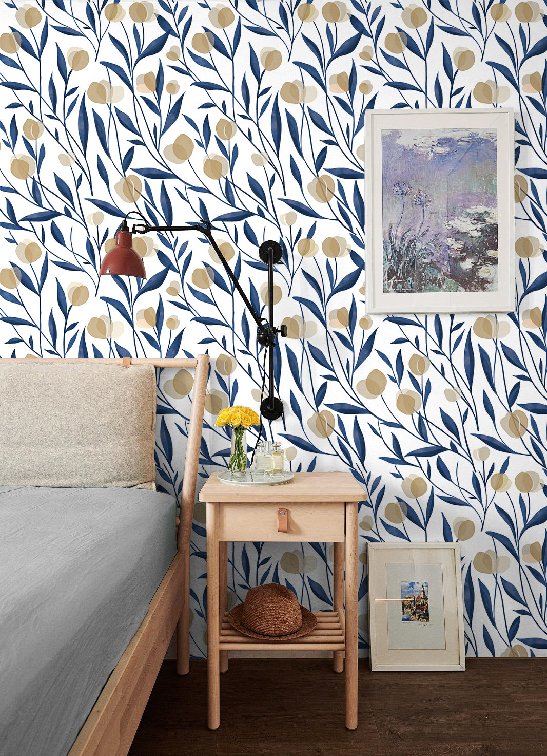 HaokHome Wallpaper Peel and Stick Botanical Floral Blue/Beige Minimalist Wall Decor Removable Mural for Bedroom & Living Room