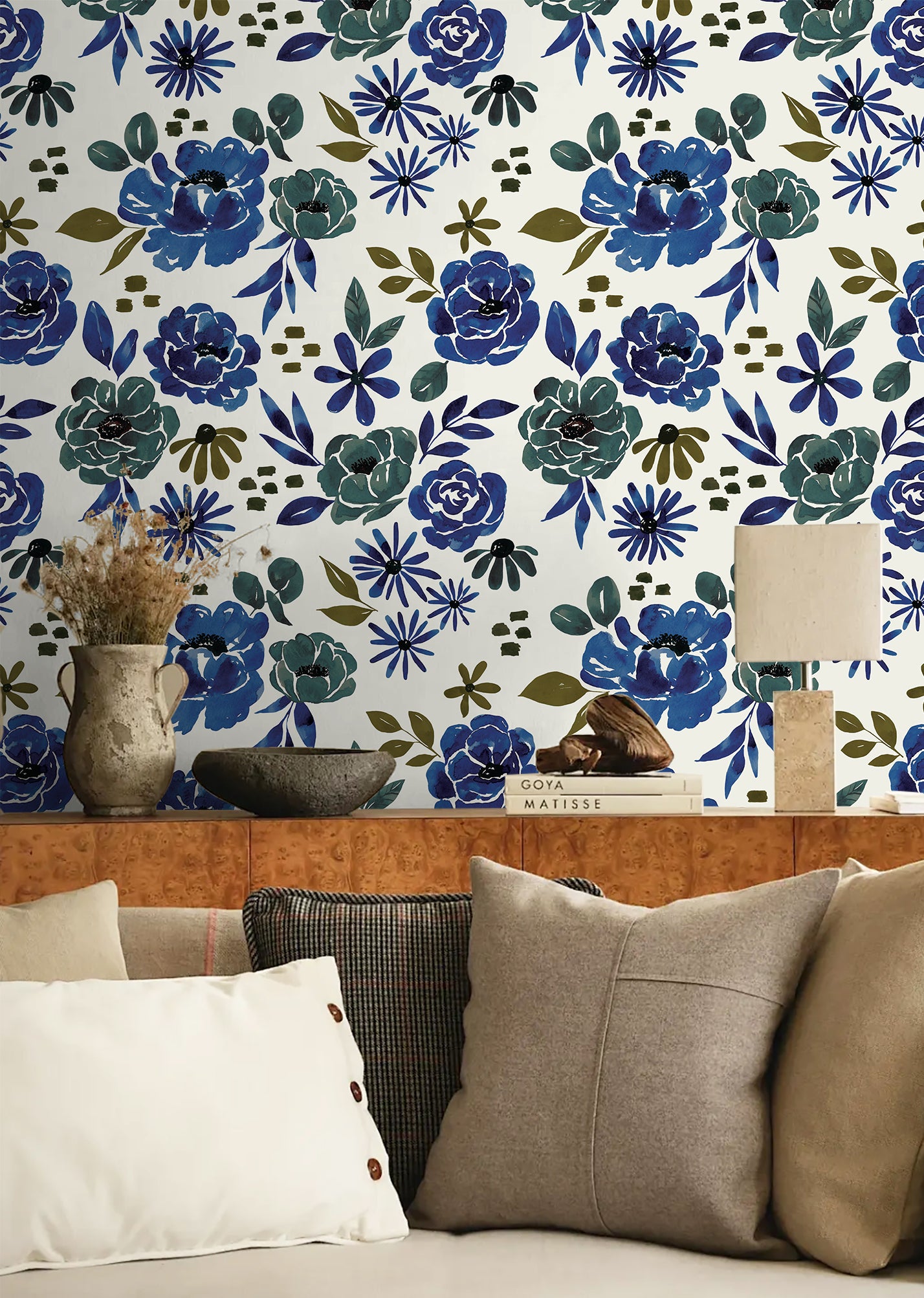 HaokHome Wallpaper Peel and Stick Botanical Floral Blue/Green Wall Decor Removable Mural for Bedroom & Living Room