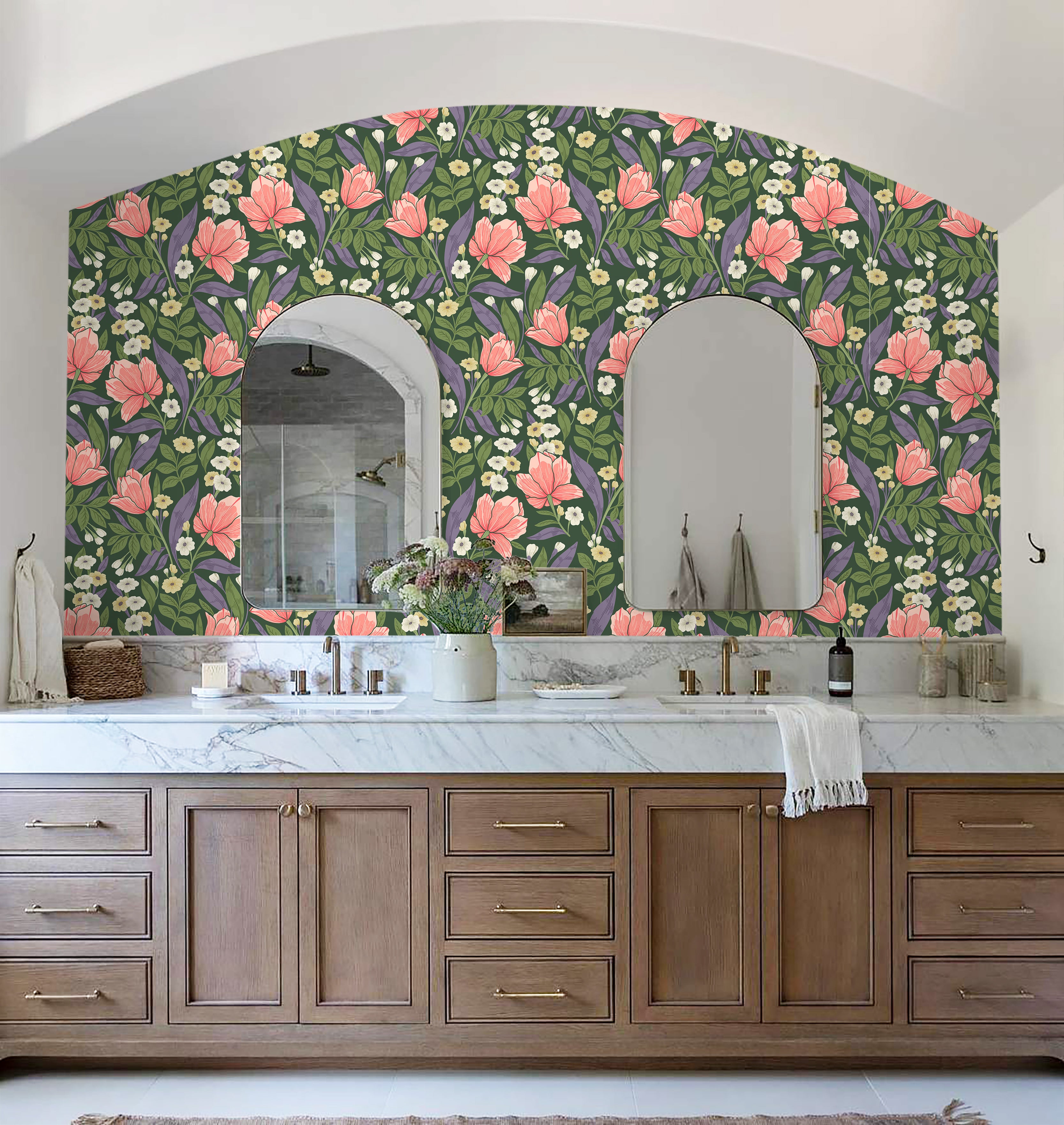 HaokHome Wallpaper Peel and Stick Botanical Floral Green/Coral/Purple Wall Decor Removable Mural for Bedroom & Living Room