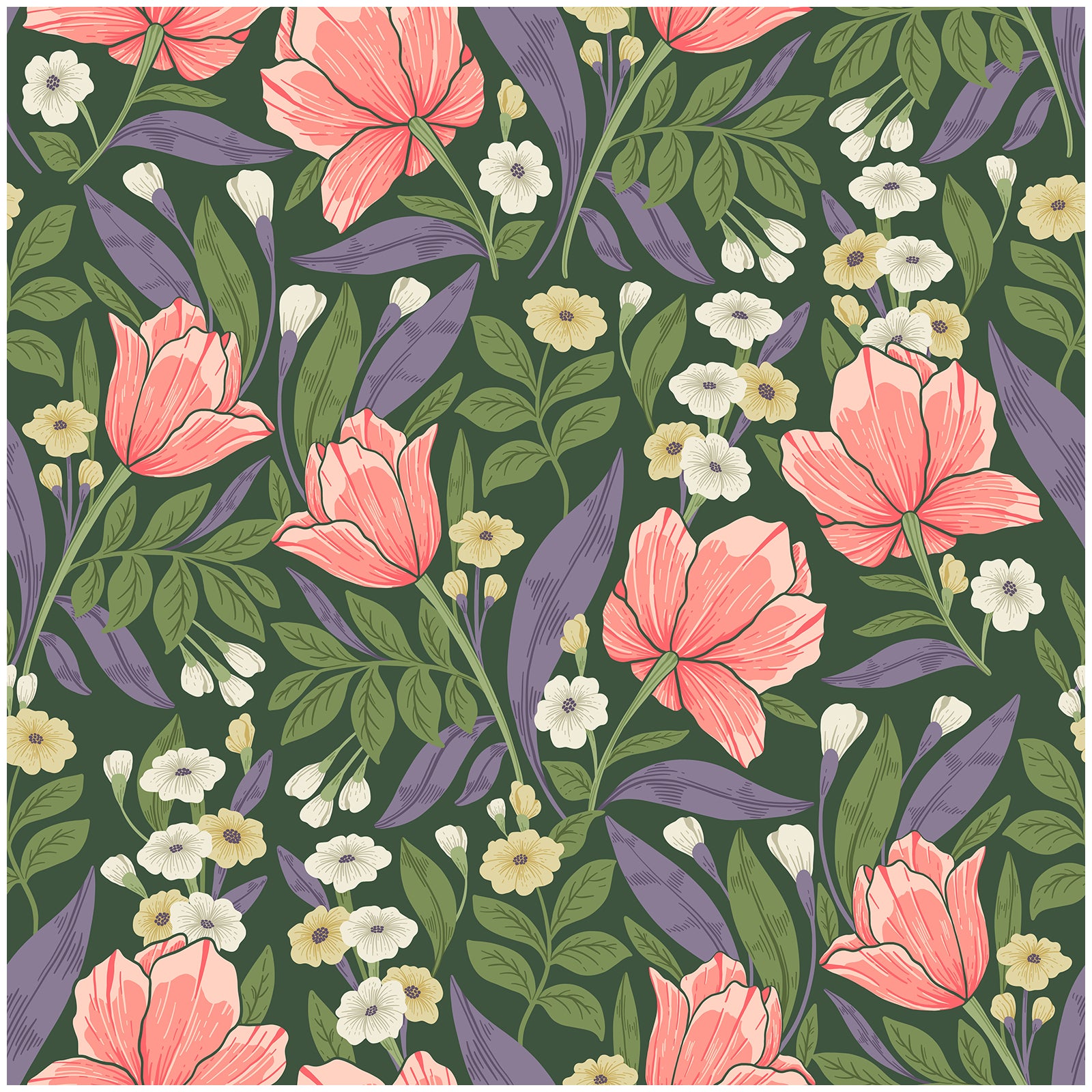 HaokHome Wallpaper Peel and Stick Botanical Floral Green/Coral/Purple Wall Decor Removable Mural for Bedroom & Living Room