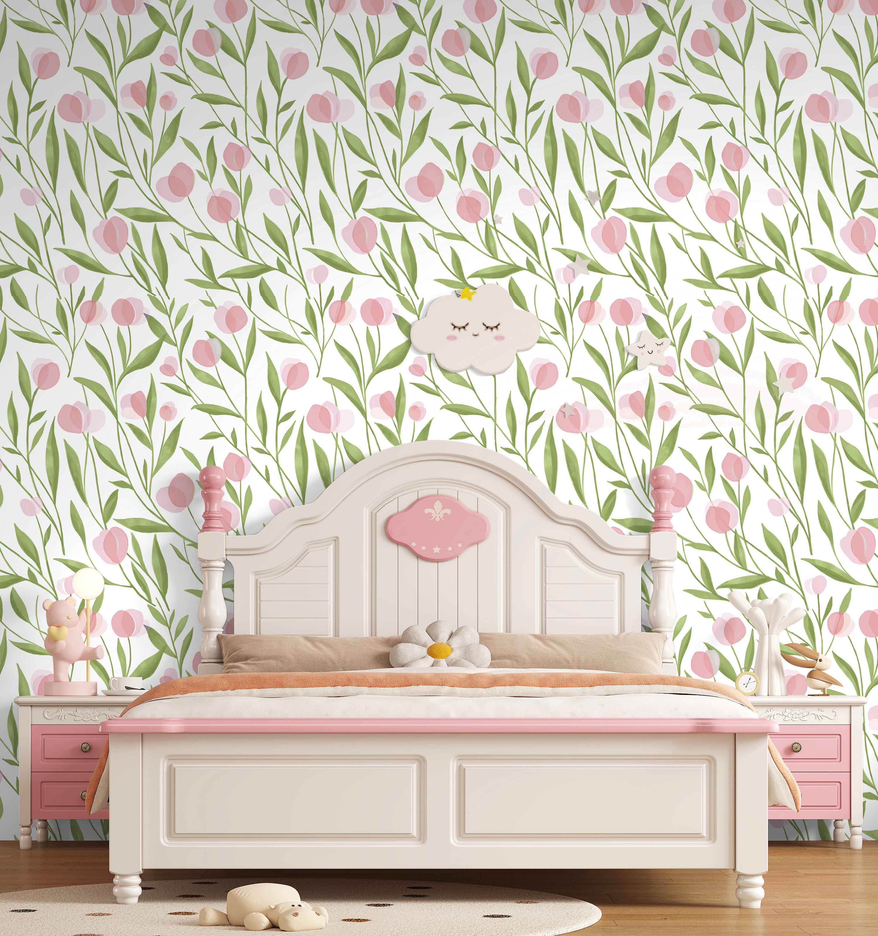 HaokHome Wallpaper Peel and Stick Botanical Floral Green/Pink Minimalist Wall Decor Removable Mural for Bedroom & Living Room