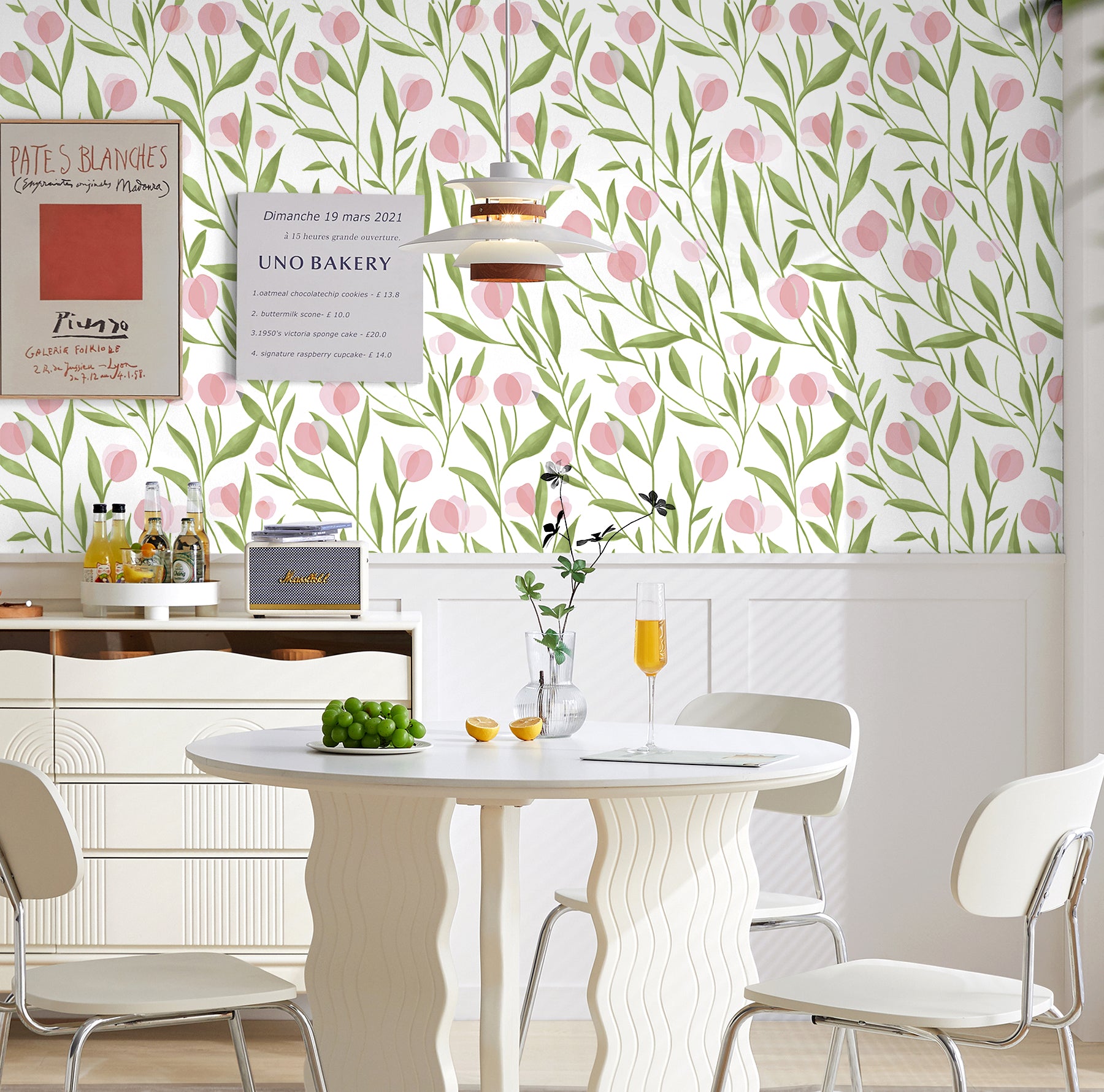 HaokHome Wallpaper Peel and Stick Botanical Floral Green/Pink Minimalist Wall Decor Removable Mural for Bedroom & Living Room