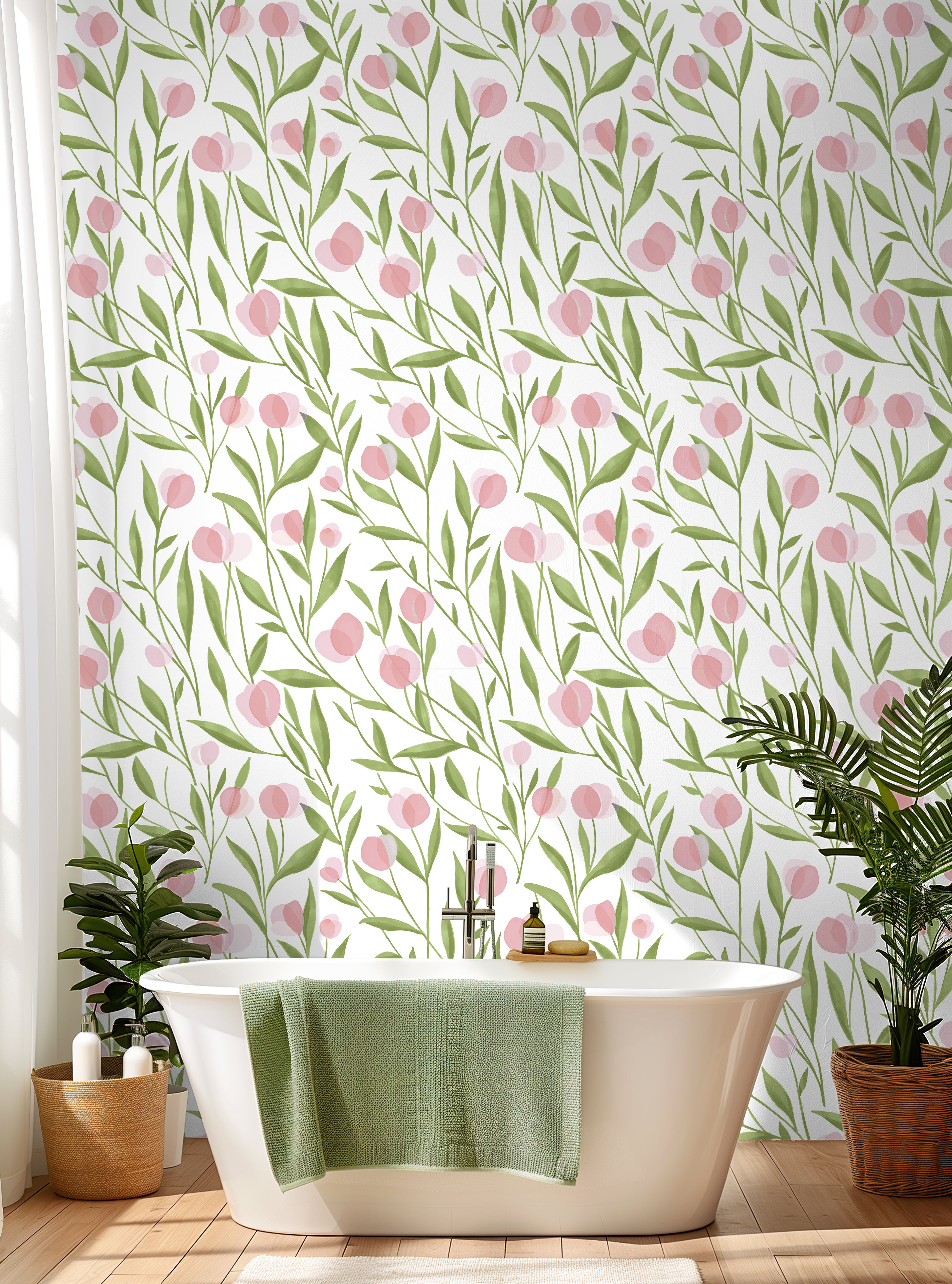 HaokHome Wallpaper Peel and Stick Botanical Floral Green/Pink Minimalist Wall Decor Removable Mural for Bedroom & Living Room