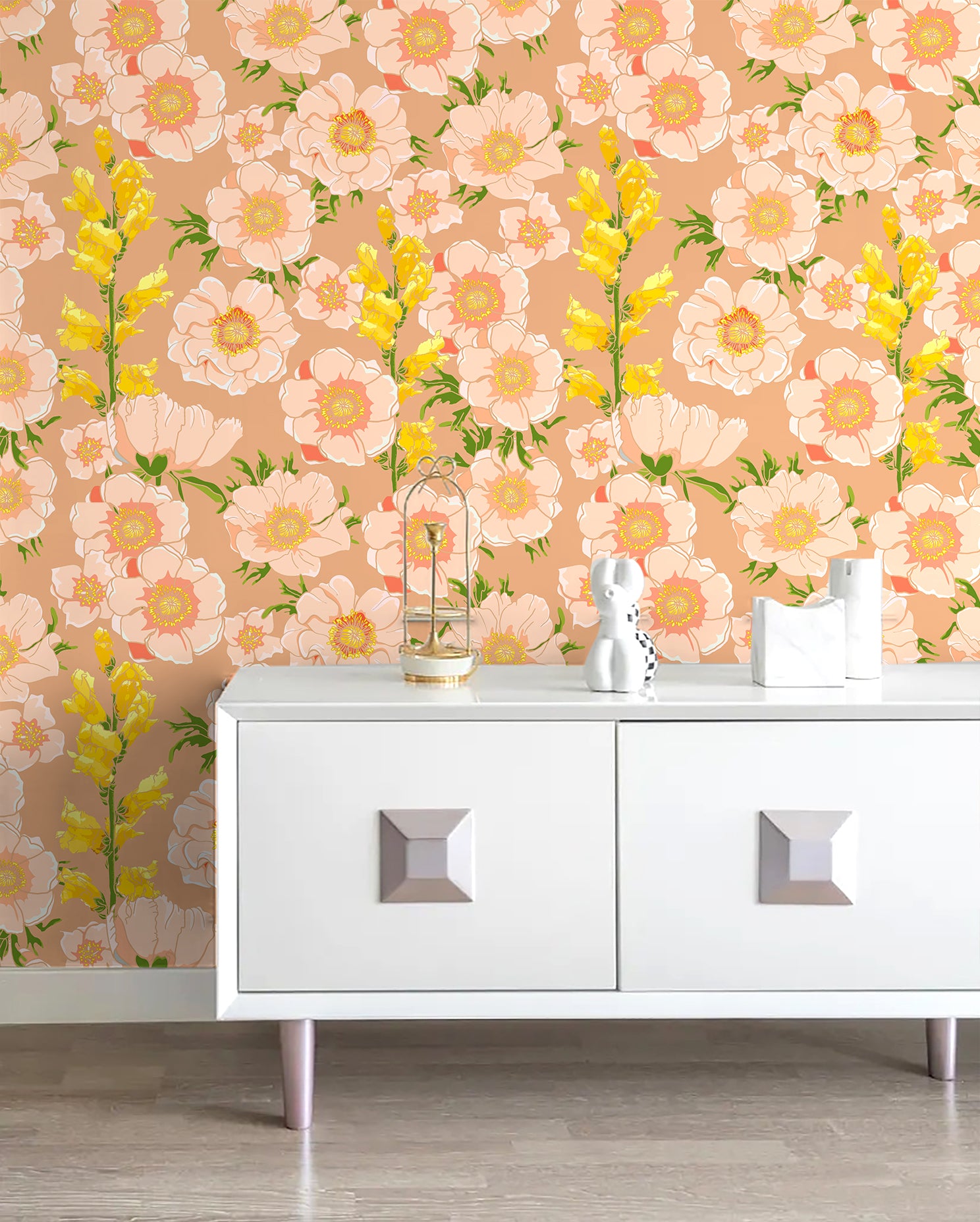 HaokHome Wallpaper Peel and Stick Botanical Floral Peach/Yellow/Green Wall Decor Removable Mural for Bedroom & Living Room