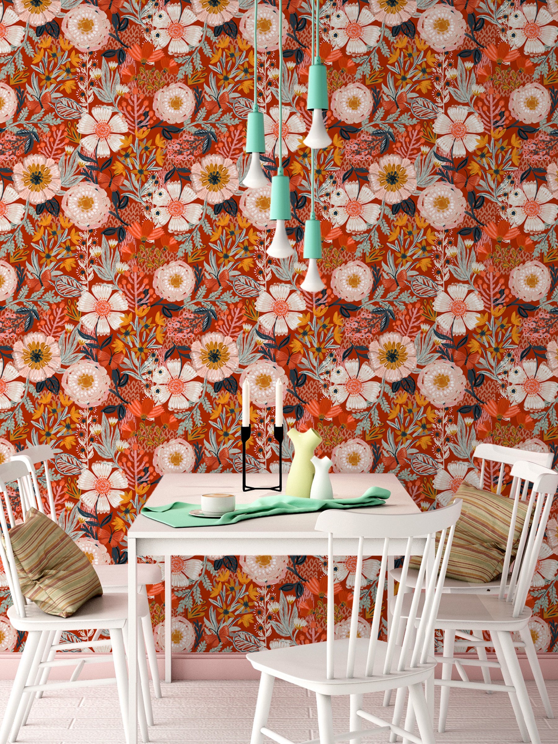 HaokHome Wallpaper Peel and Stick Botanical Floral Red/Orange/Pink Vintage Wall Decor Removable Mural for Bedroom & Living Room