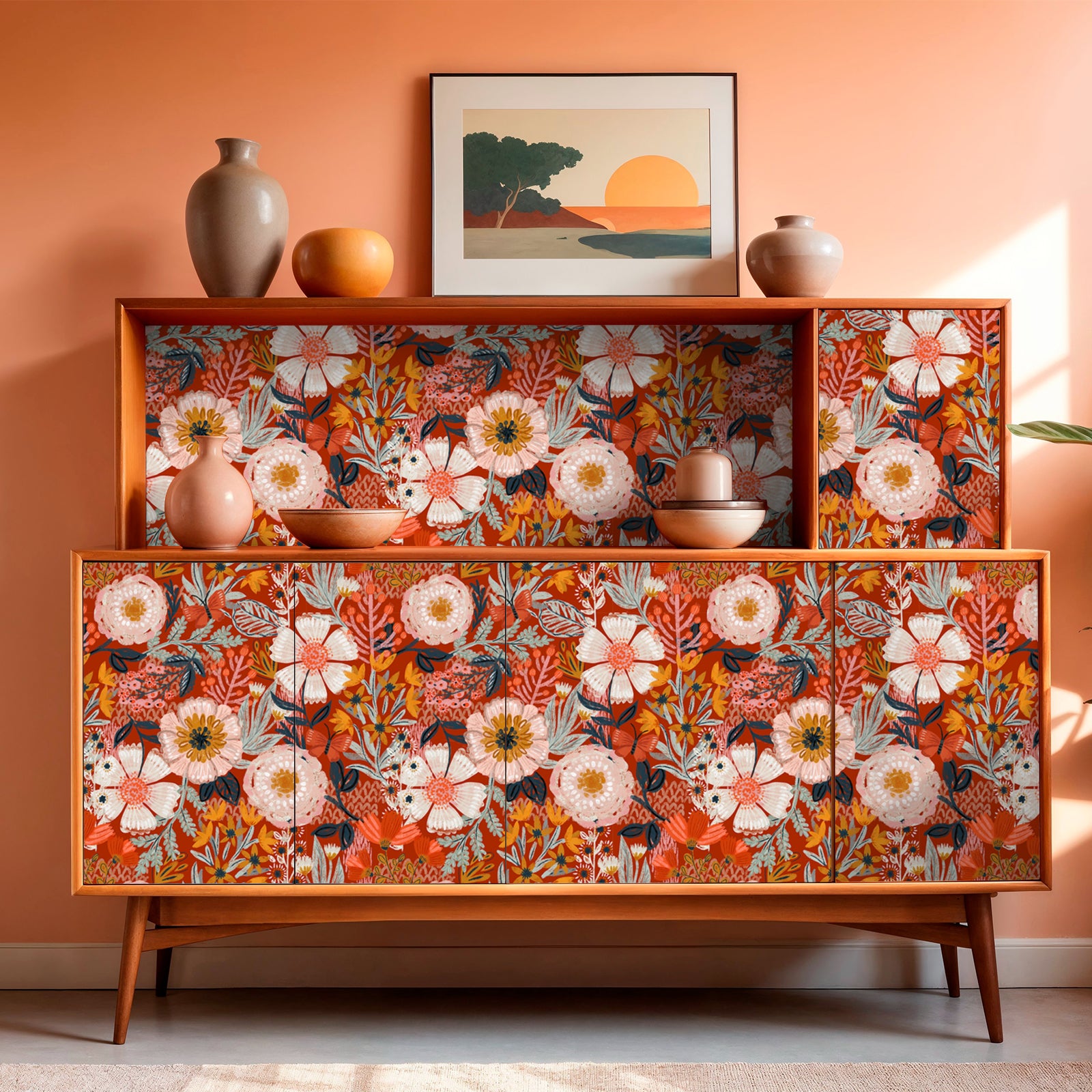 HaokHome Wallpaper Peel and Stick Botanical Floral Red/Orange/Pink Vintage Wall Decor Removable Mural for Bedroom & Living Room