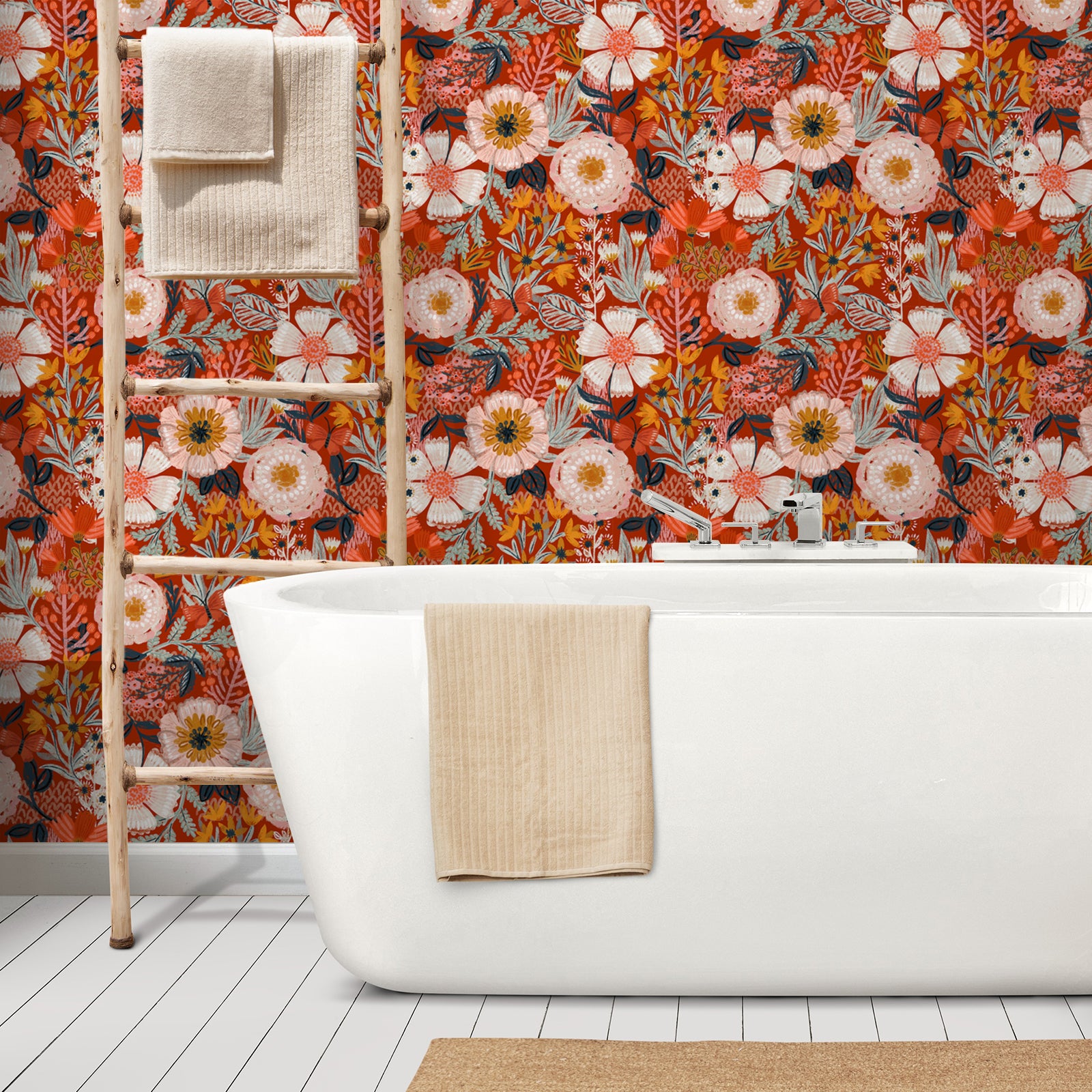 HaokHome Wallpaper Peel and Stick Botanical Floral Red/Orange/Pink Vintage Wall Decor Removable Mural for Bedroom & Living Room