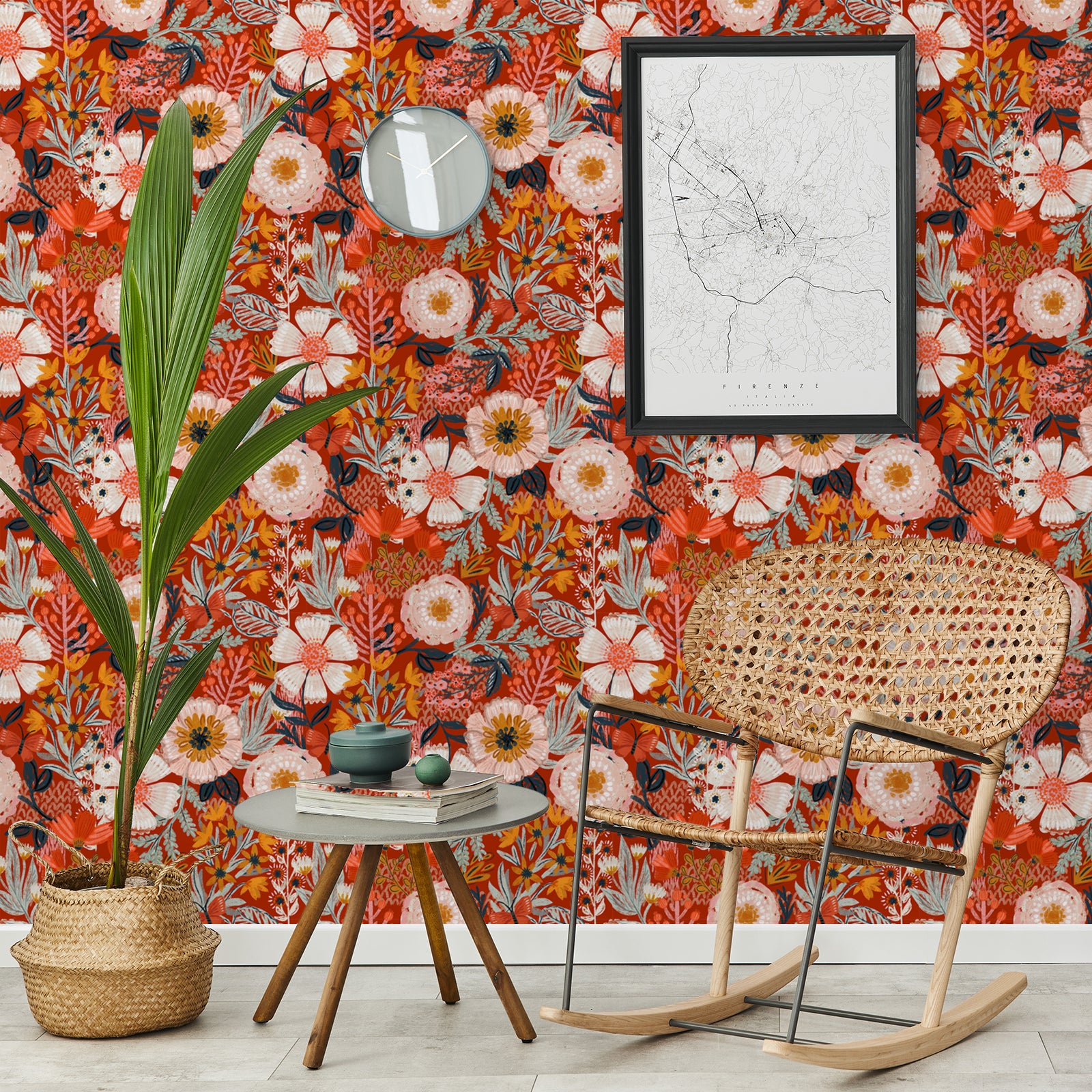 HaokHome Wallpaper Peel and Stick Botanical Floral Red/Orange/Pink Vintage Wall Decor Removable Mural for Bedroom & Living Room