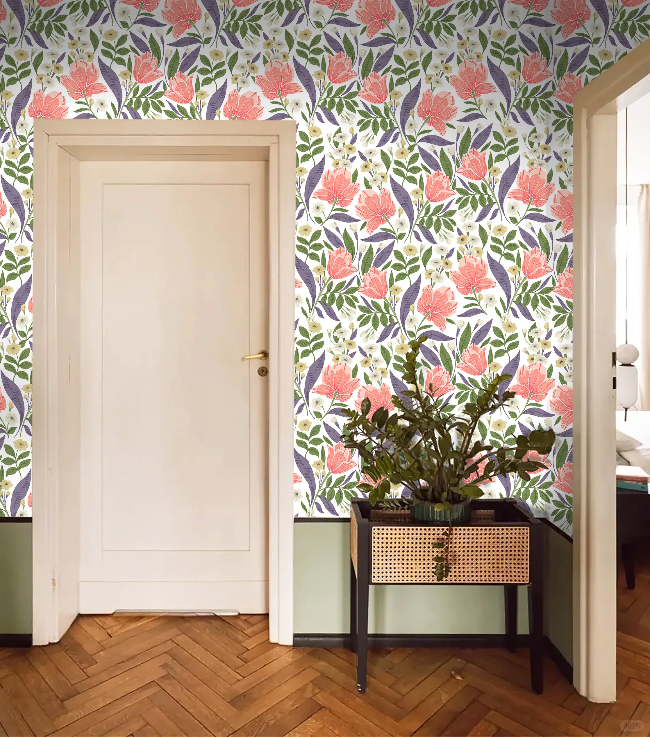 HaokHome Wallpaper Peel and Stick Botanical Floral White/Coral/Green Wall Decor Removable Mural for Bedroom & Living Room