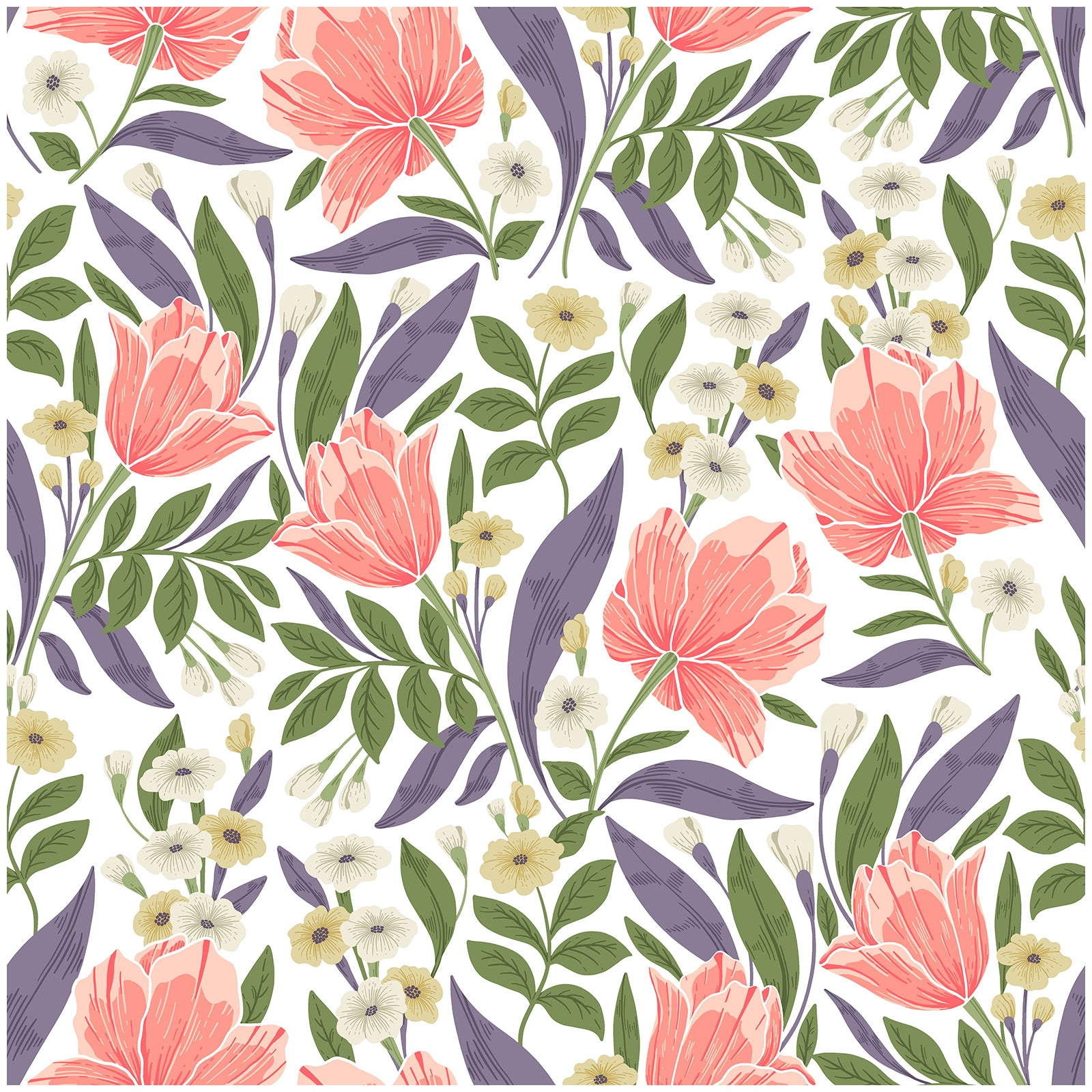 HaokHome Wallpaper Peel and Stick Botanical Floral White/Coral/Green Wall Decor Removable Mural for Bedroom & Living Room