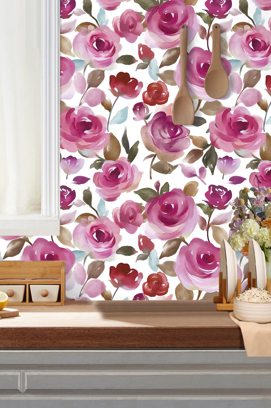 HaokHome Wallpaper Peel and Stick Botanical Watercolor Roses Pink/Red/Green Wall Decor Removable Mural for Bedroom & Living Room
