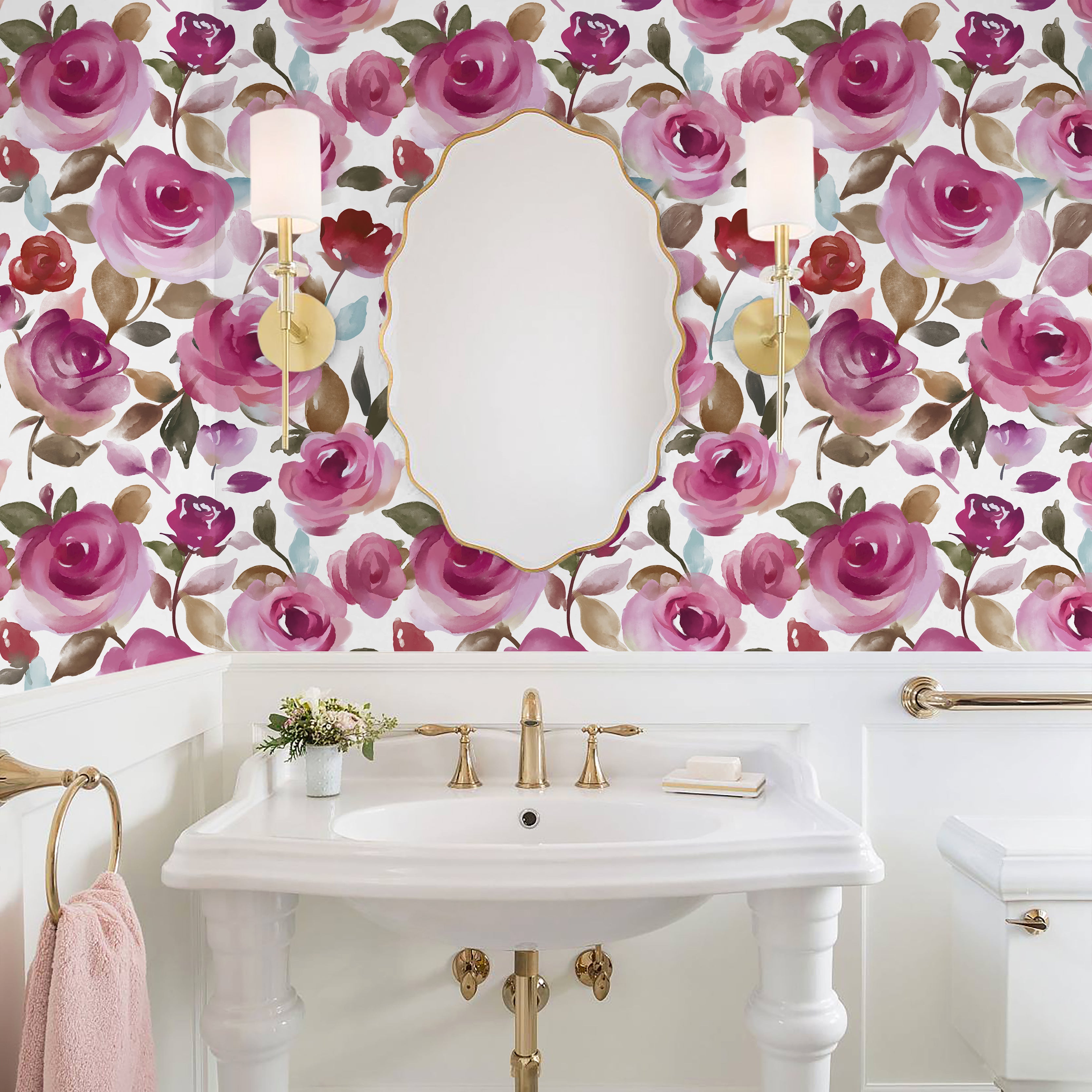 HaokHome Wallpaper Peel and Stick Botanical Watercolor Roses Pink/Red/Green Wall Decor Removable Mural for Bedroom & Living Room