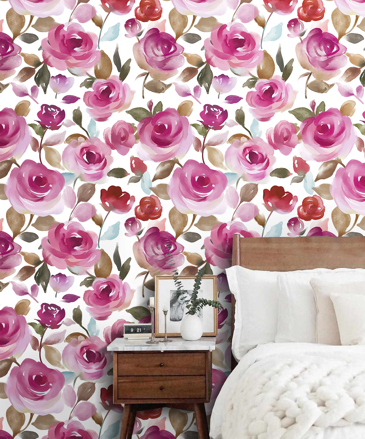 HaokHome Wallpaper Peel and Stick Botanical Watercolor Roses Pink/Red/Green Wall Decor Removable Mural for Bedroom & Living Room