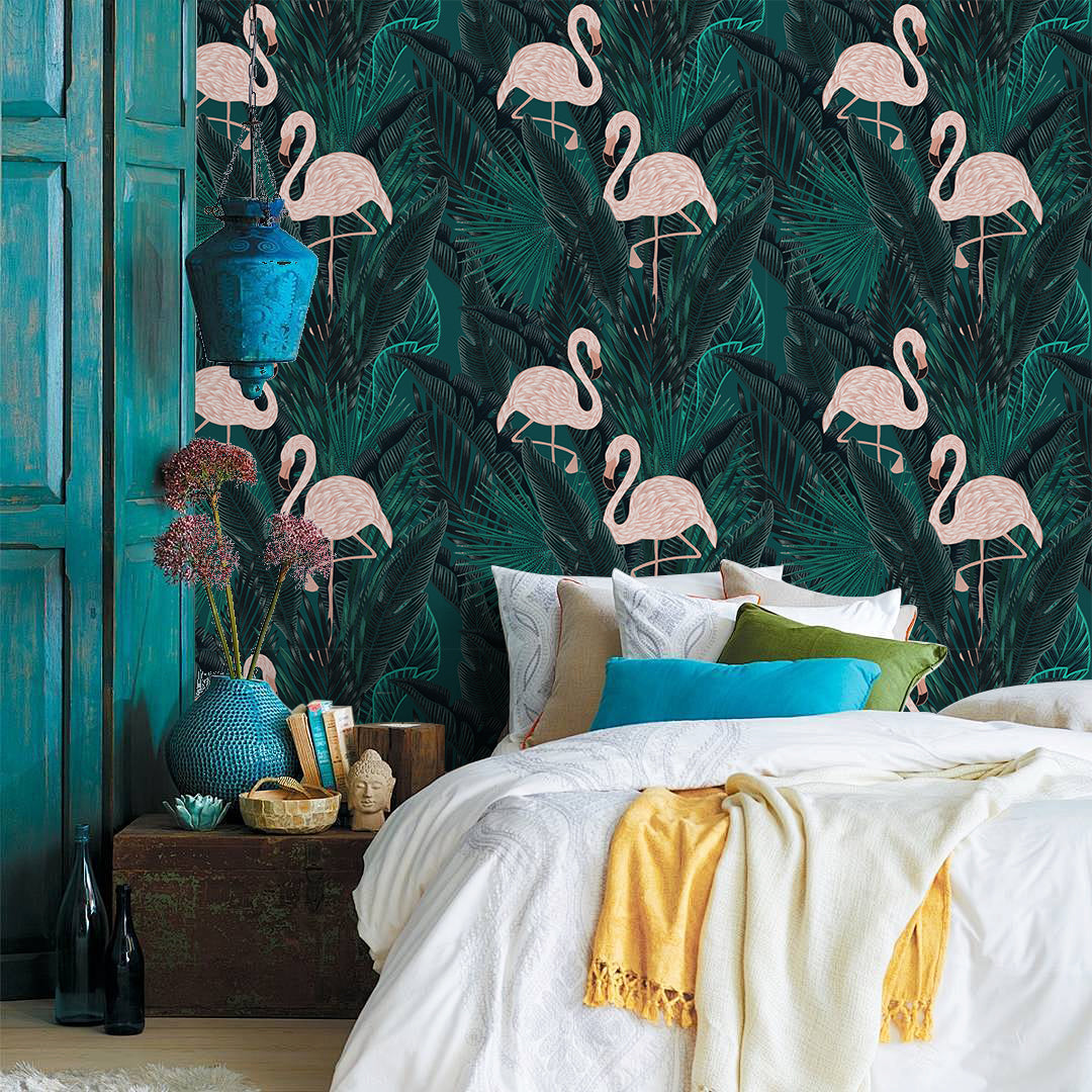 HaokHome Wallpaper Peel and Stick Flamingo Tropical Green/Blush Wall Decor Bedroom Removable Mural