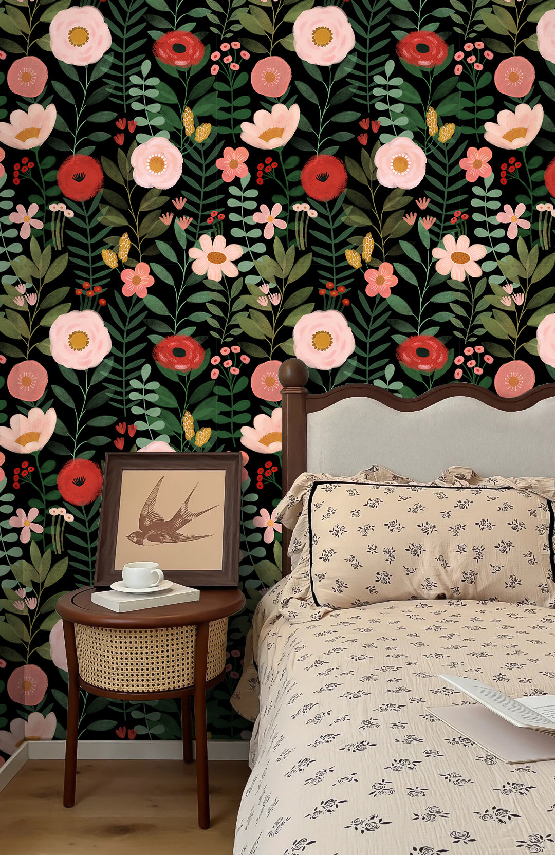 HaokHome Wallpaper Peel and Stick Floral Black/Pink/Red Botanical Wall Decor Removable Mural