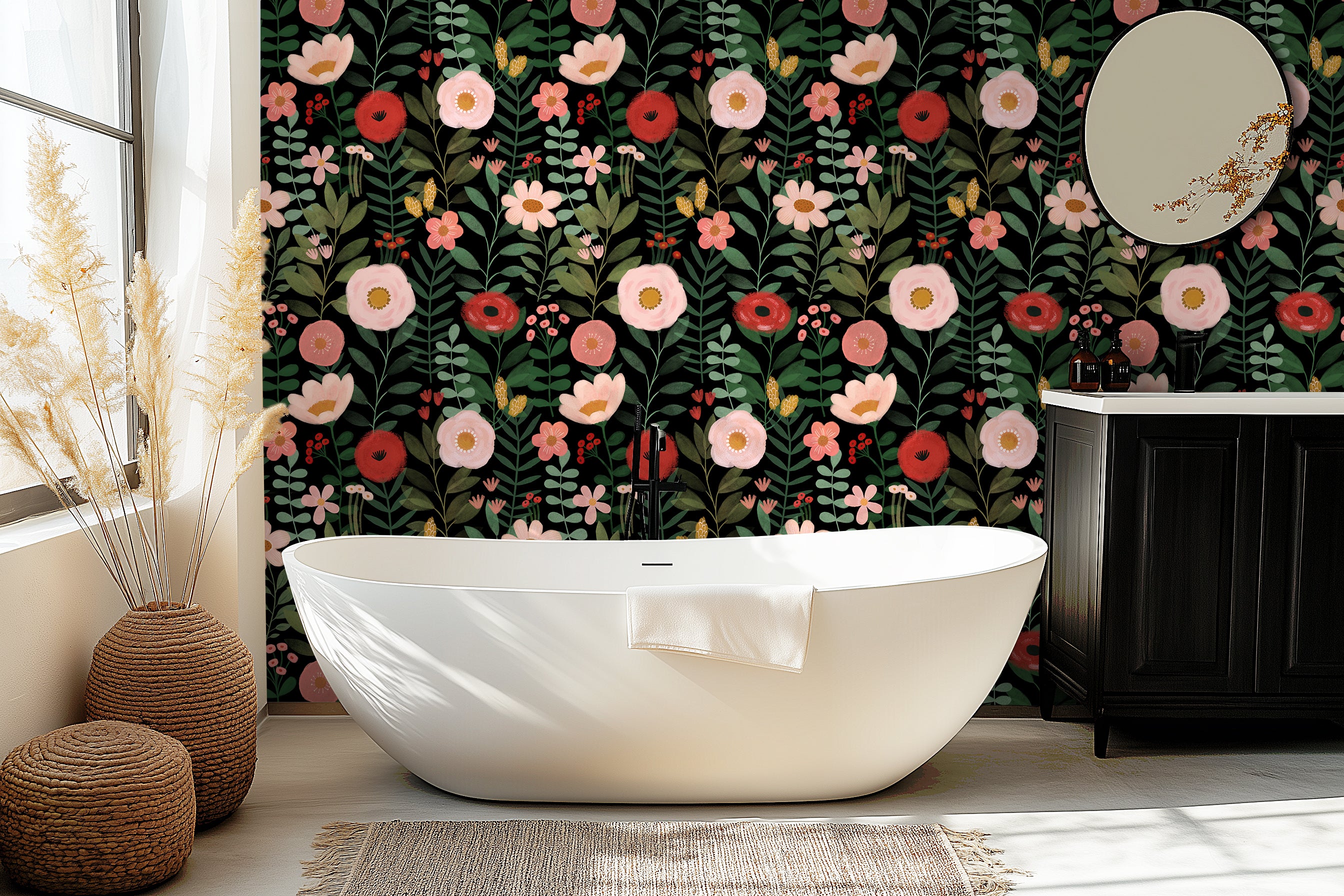 HaokHome Wallpaper Peel and Stick Floral Black/Pink/Red Botanical Wall Decor Removable Mural
