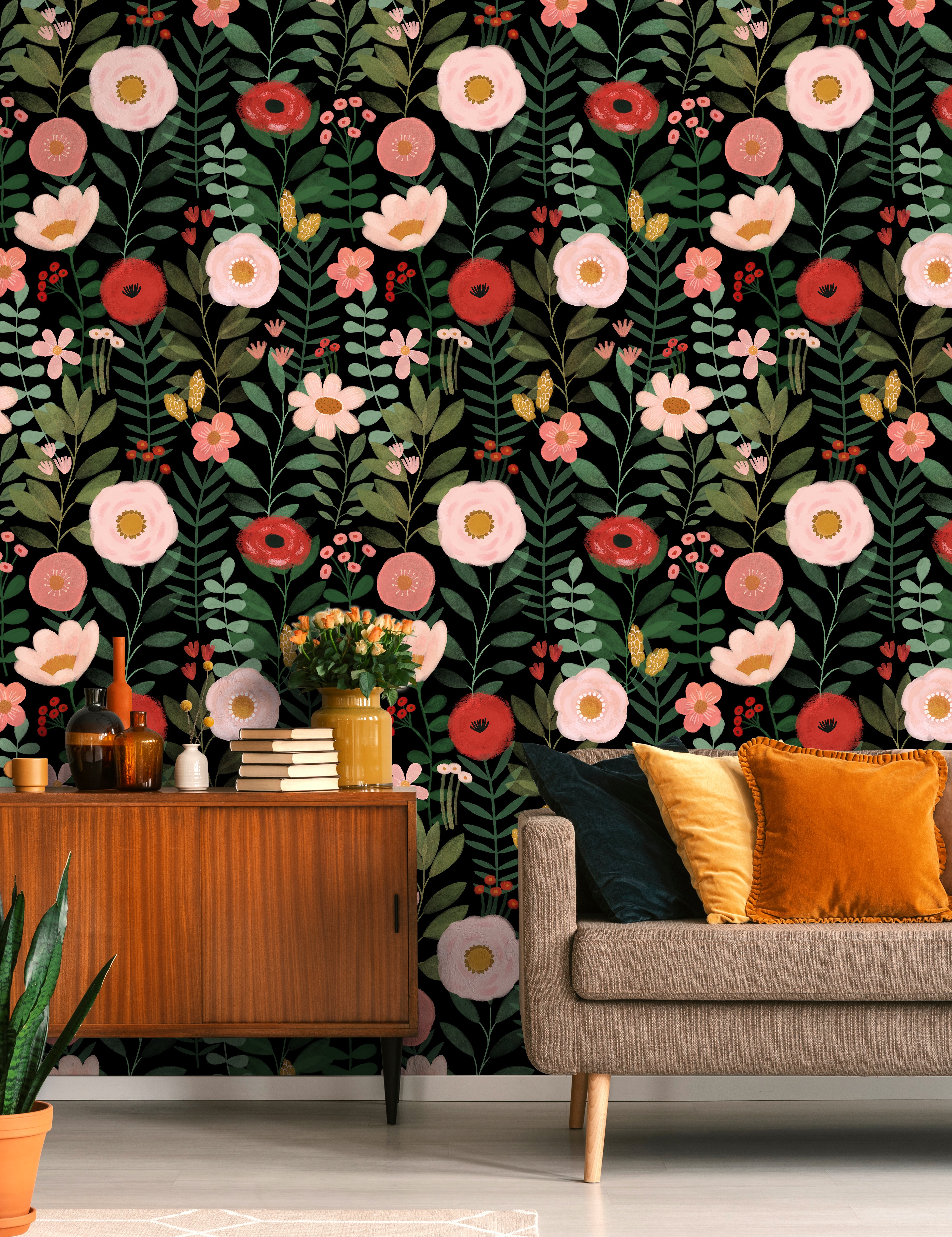 HaokHome Wallpaper Peel and Stick Floral Black/Pink/Red Botanical Wall Decor Removable Mural
