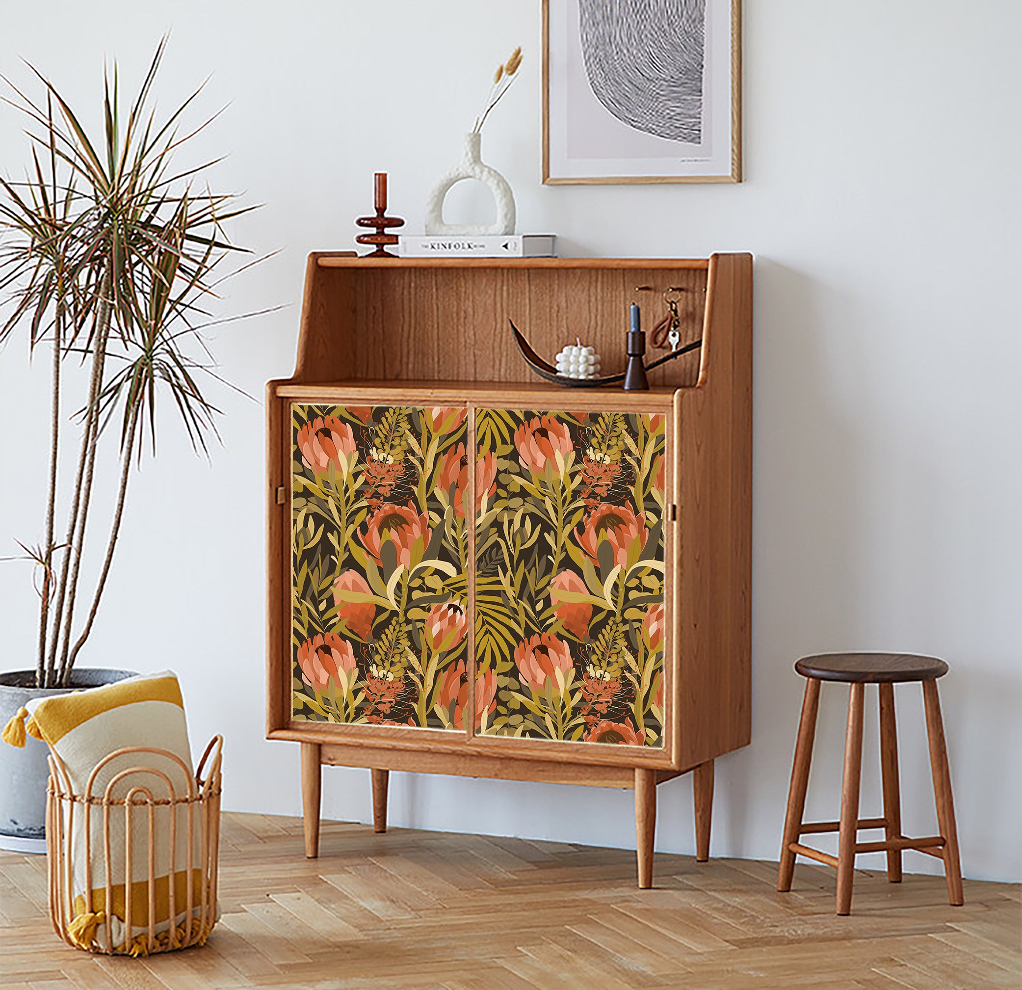 HaokHome Wallpaper Peel and Stick Floral Boho Pink/Green/Red Retro Wall Decor Living Room Removable Mural