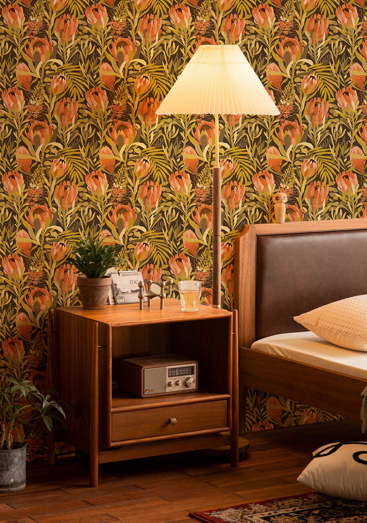 HaokHome Wallpaper Peel and Stick Floral Boho Pink/Green/Red Retro Wall Decor Living Room Removable Mural