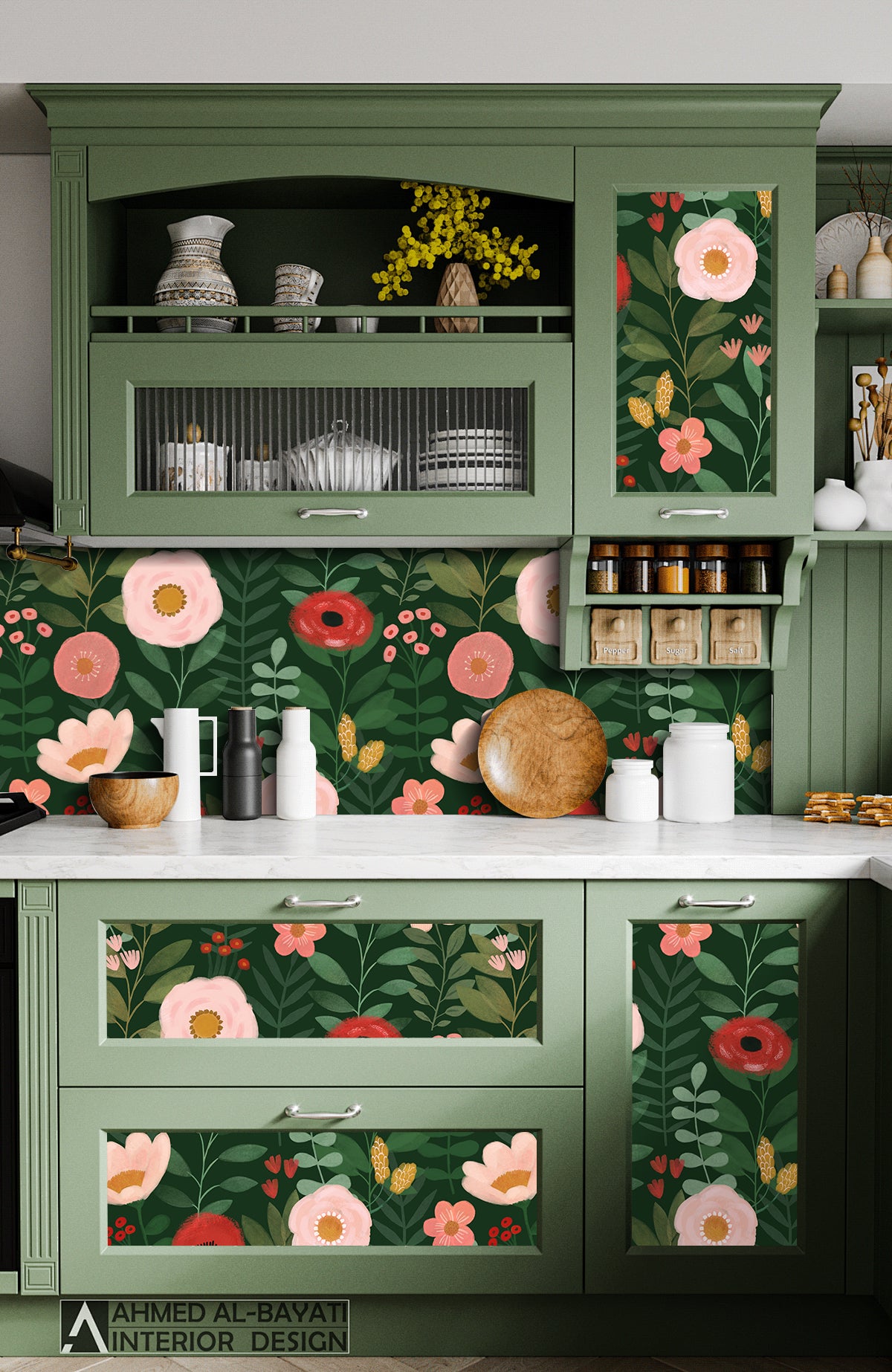 HaokHome Wallpaper Peel and Stick Floral Green/Pink/Red Botanical Wall Decor Removable Mural