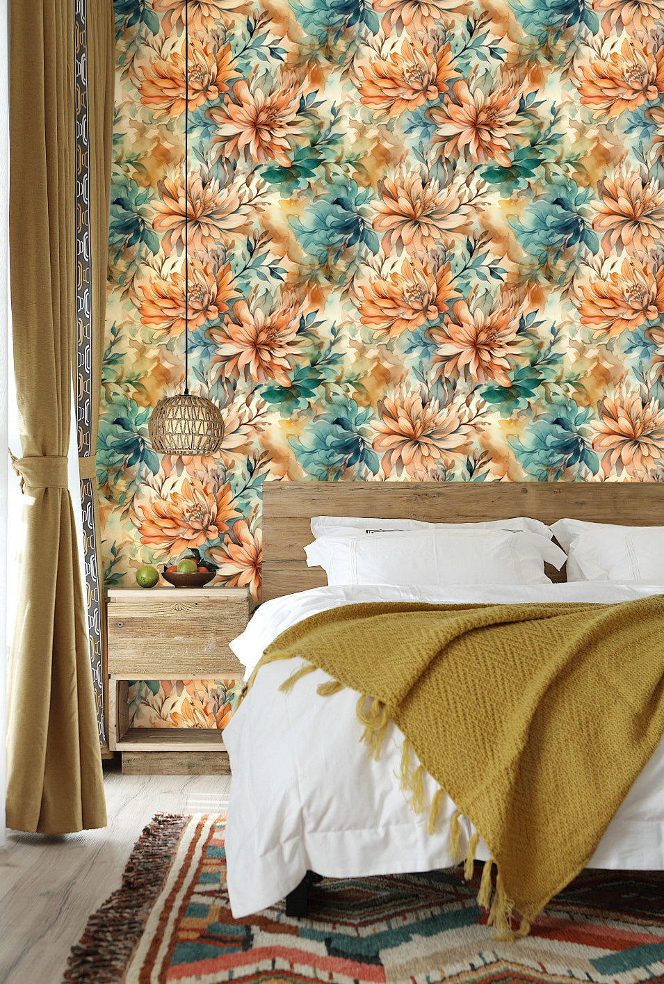 HaokHome Wallpaper Peel and Stick Floral Orange/Teal/Beige Watercolor Vintage Wall Decor Removable Mural