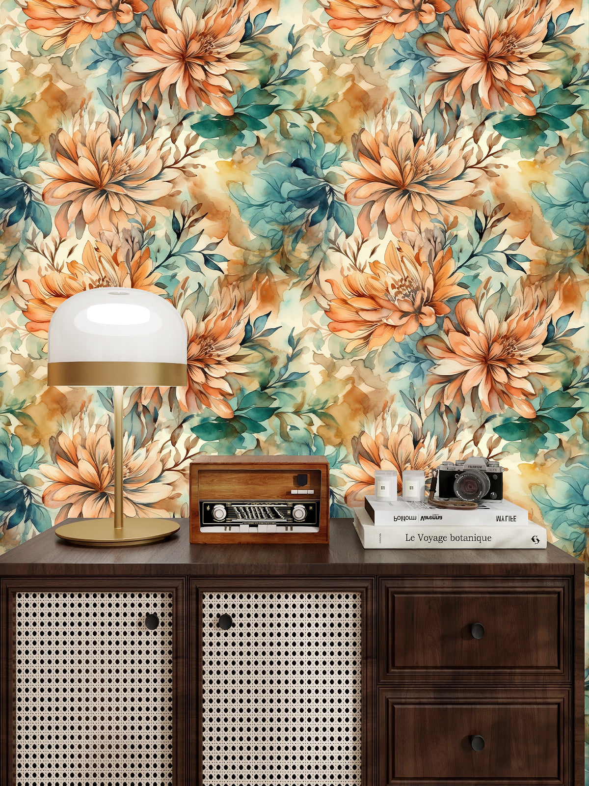 HaokHome Wallpaper Peel and Stick Floral Orange/Teal/Beige Watercolor Vintage Wall Decor Removable Mural