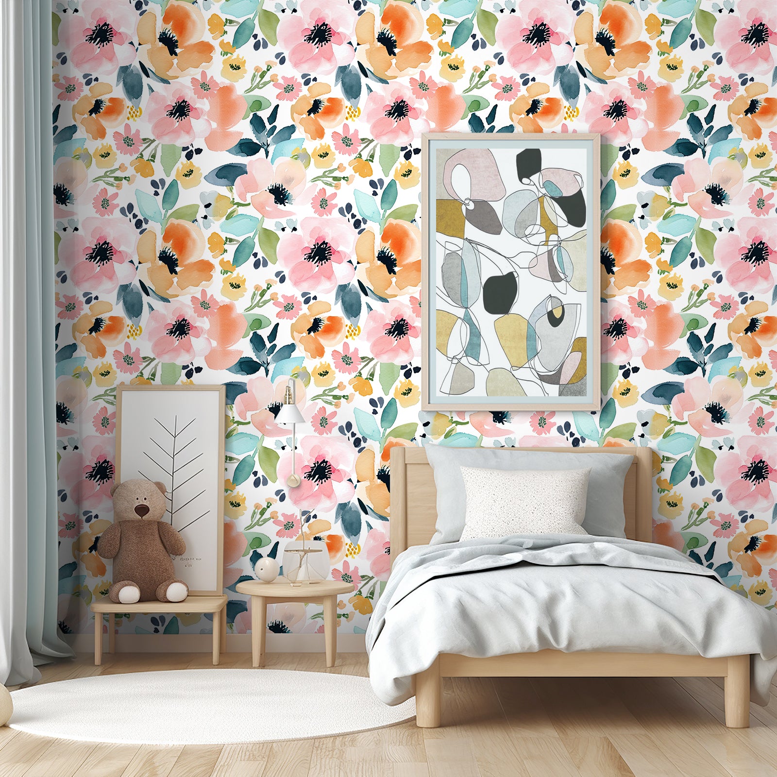 HaokHome Wallpaper Peel and Stick Floral Pink/Orange/Blue Watercolor Wall Decor Living Room Removable Mural