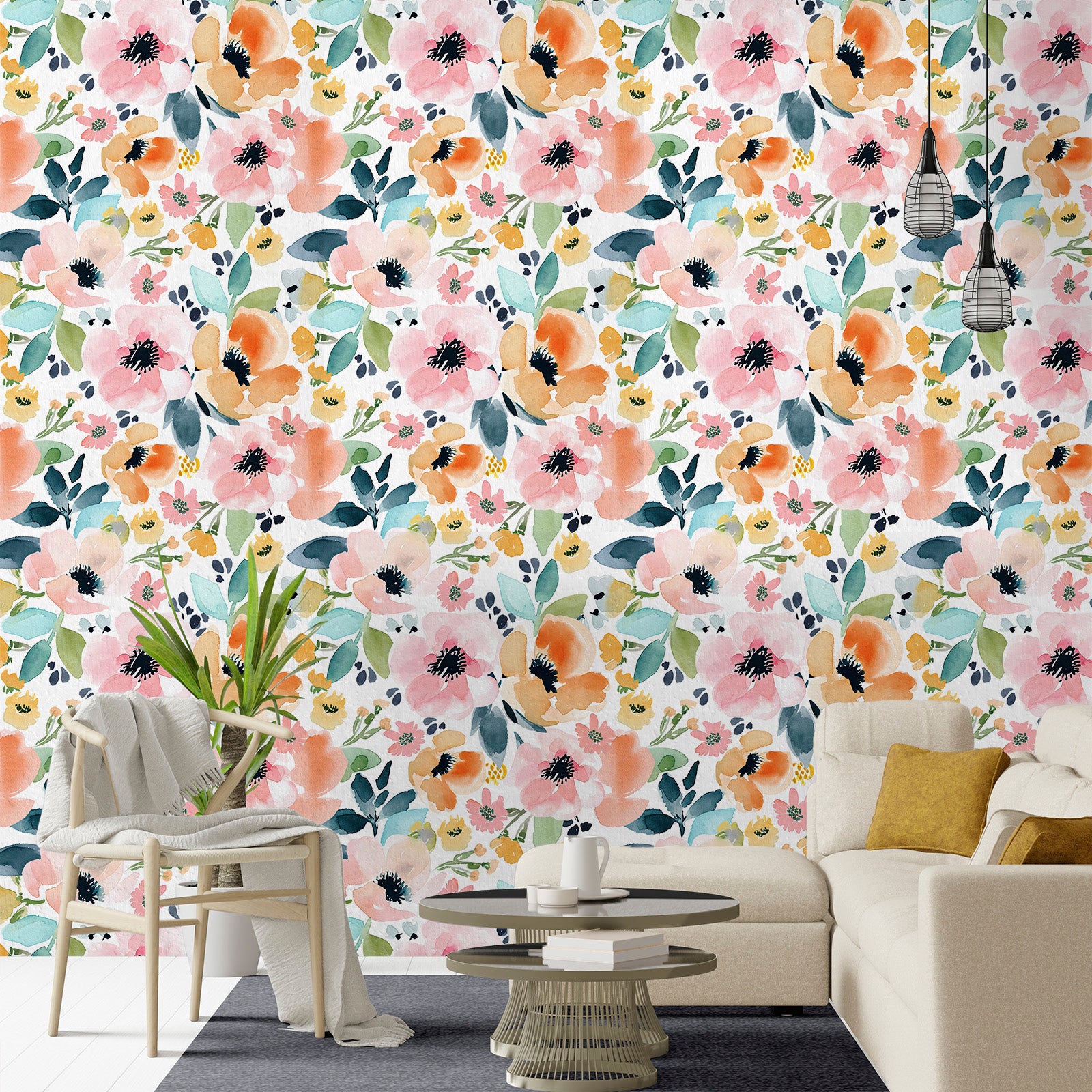 HaokHome Wallpaper Peel and Stick Floral Pink/Orange/Blue Watercolor Wall Decor Living Room Removable Mural